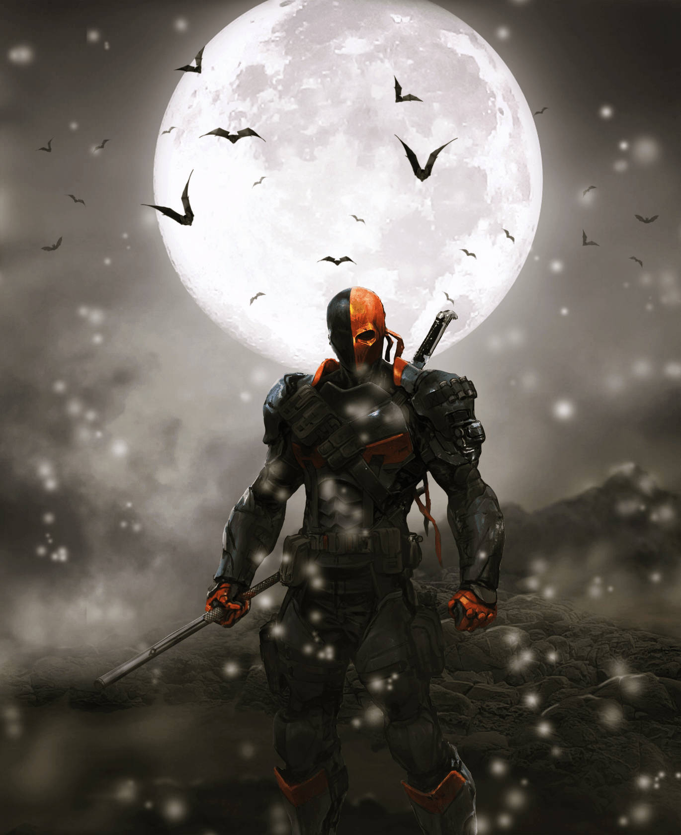 Den truende Deathstroke sigter midt i et kosmisk slagmark. Wallpapers