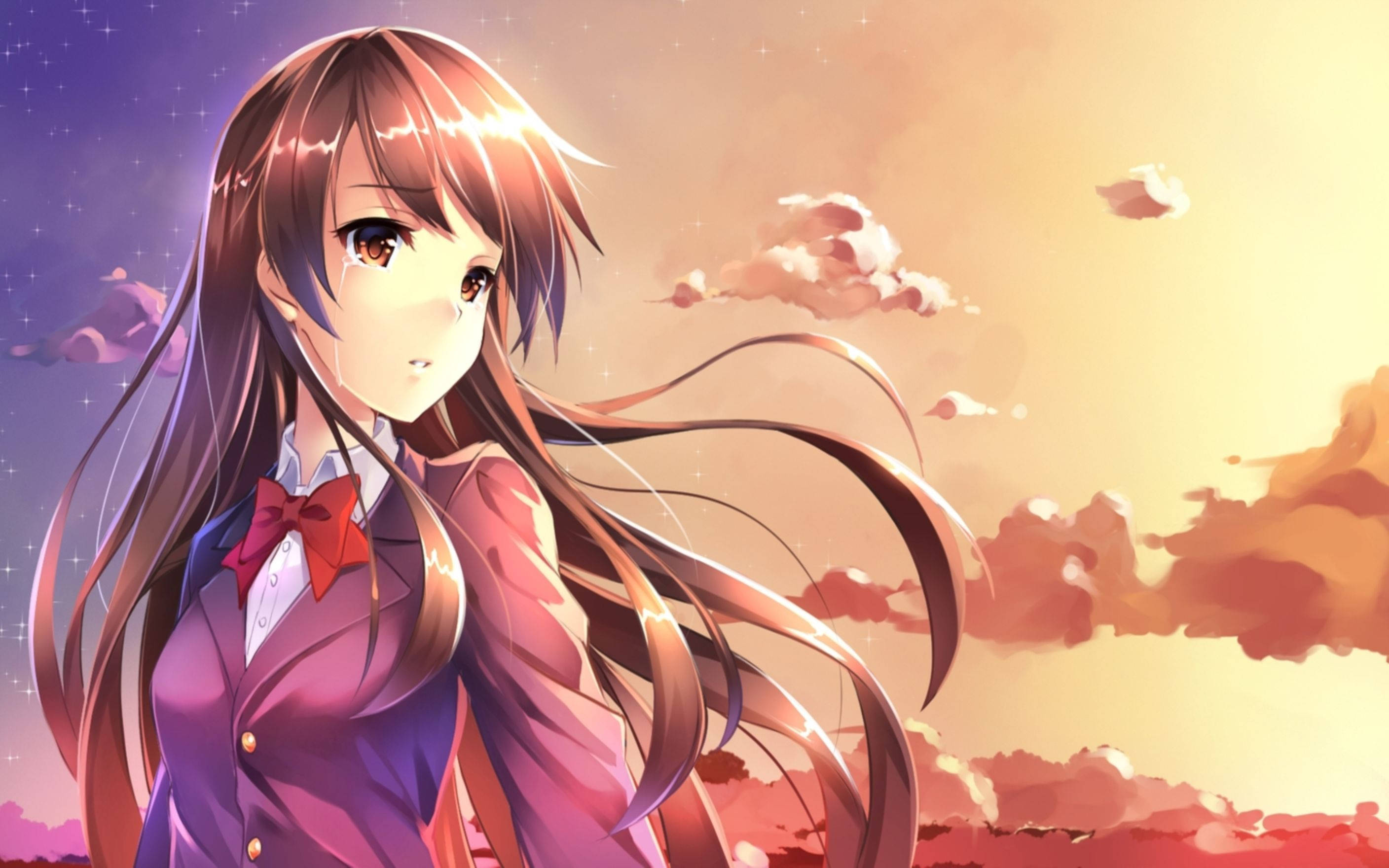 Denne anime-pige græder under en smuk solnedgang, hendes sorg lindres af aftenens fred. Wallpapers