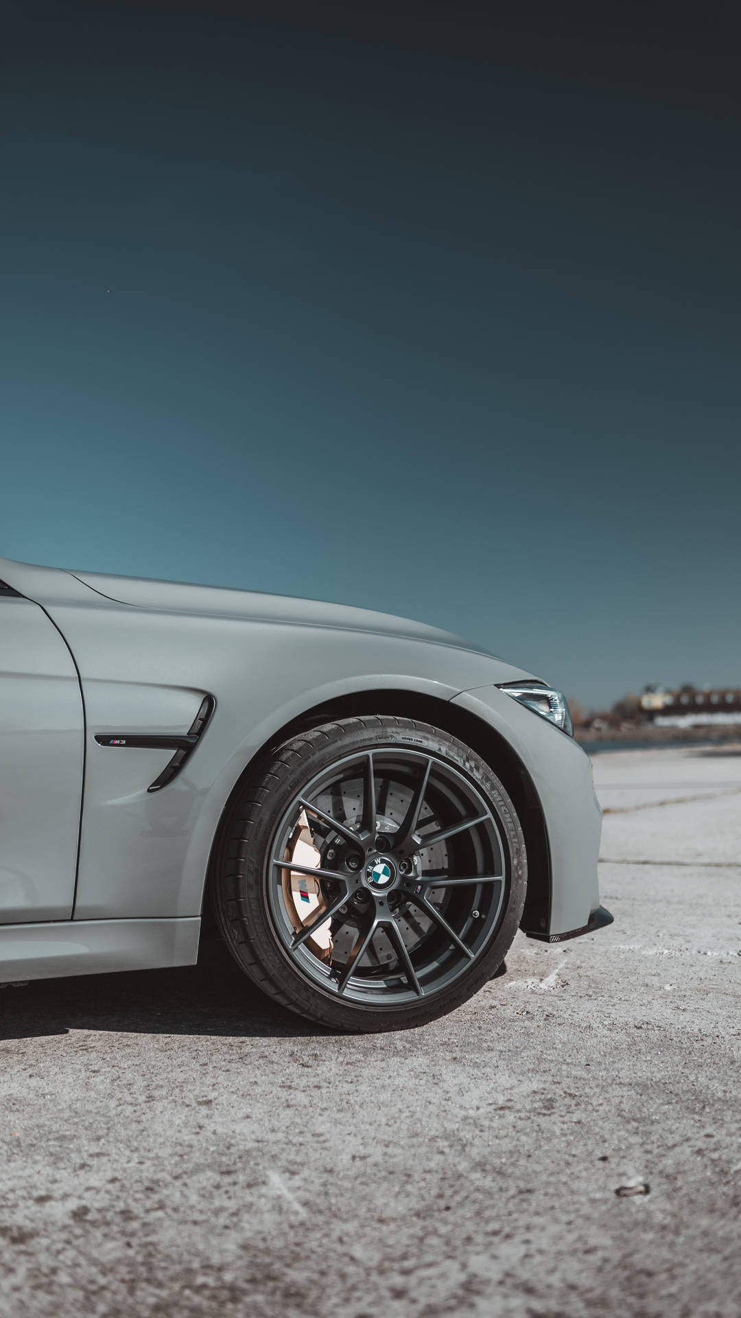 Sidevisning baggrundsbillede af grå BMWs hjul med logo — Bmw Wallpapers