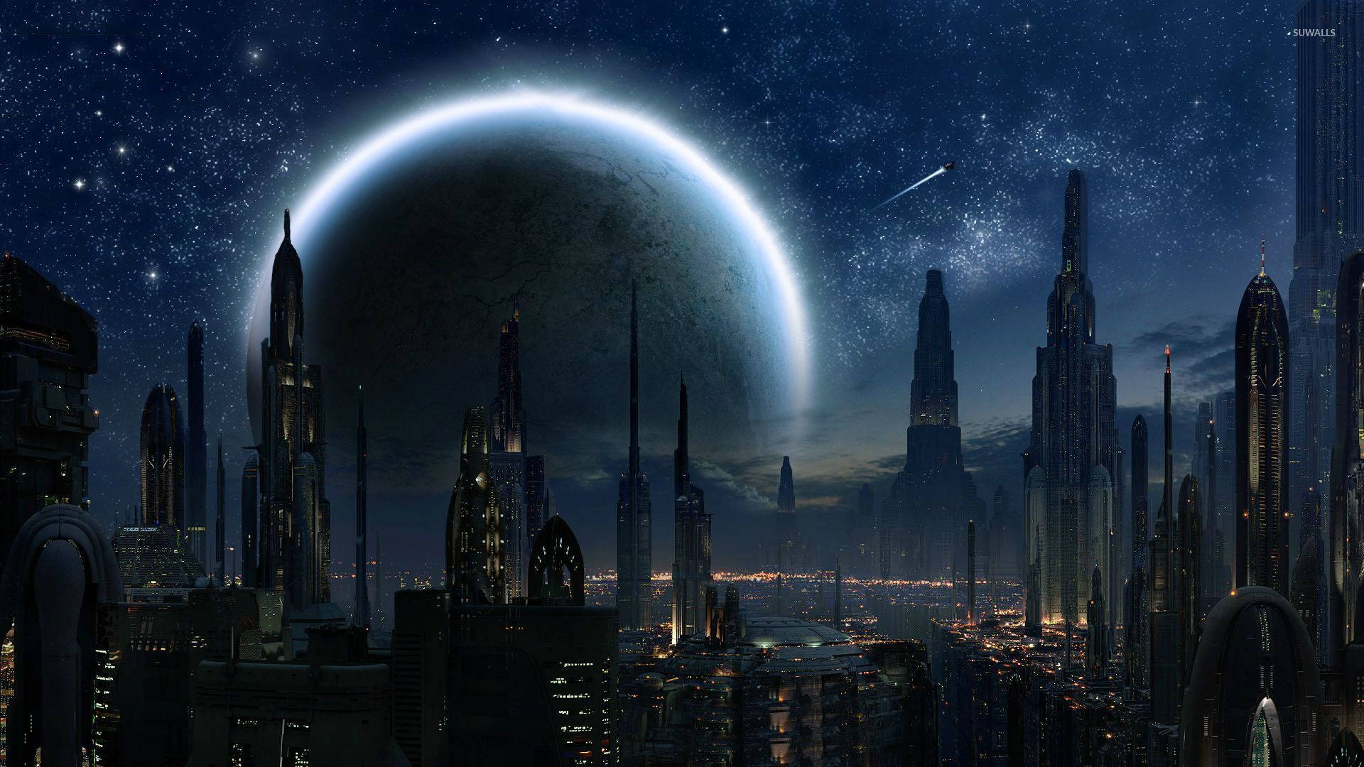 Star Wars-baggrundsbillede af høje bygninger og den store måne Coruscant i den moderne by. — Star Wars Wallpapers