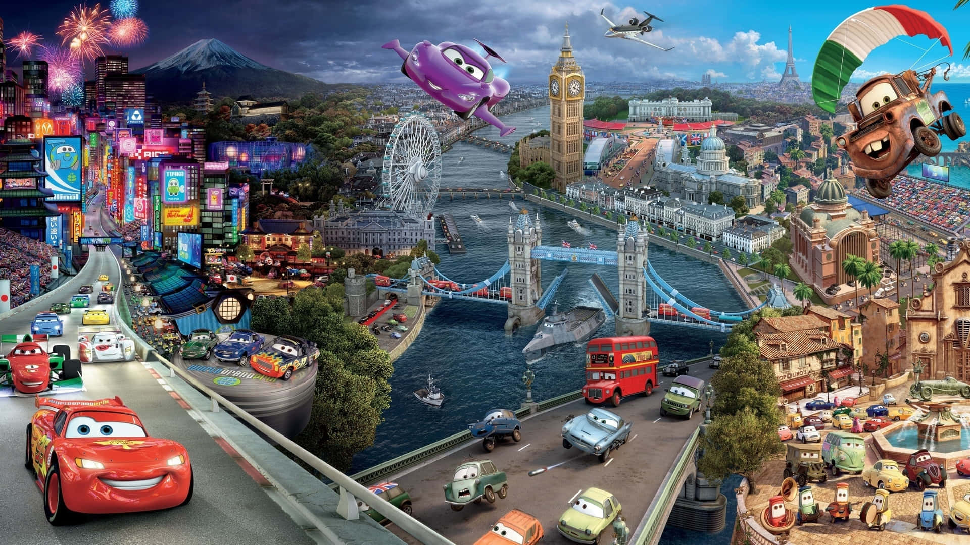 Disney Cars - en by med mange biler der flyver rundt Wallpapers