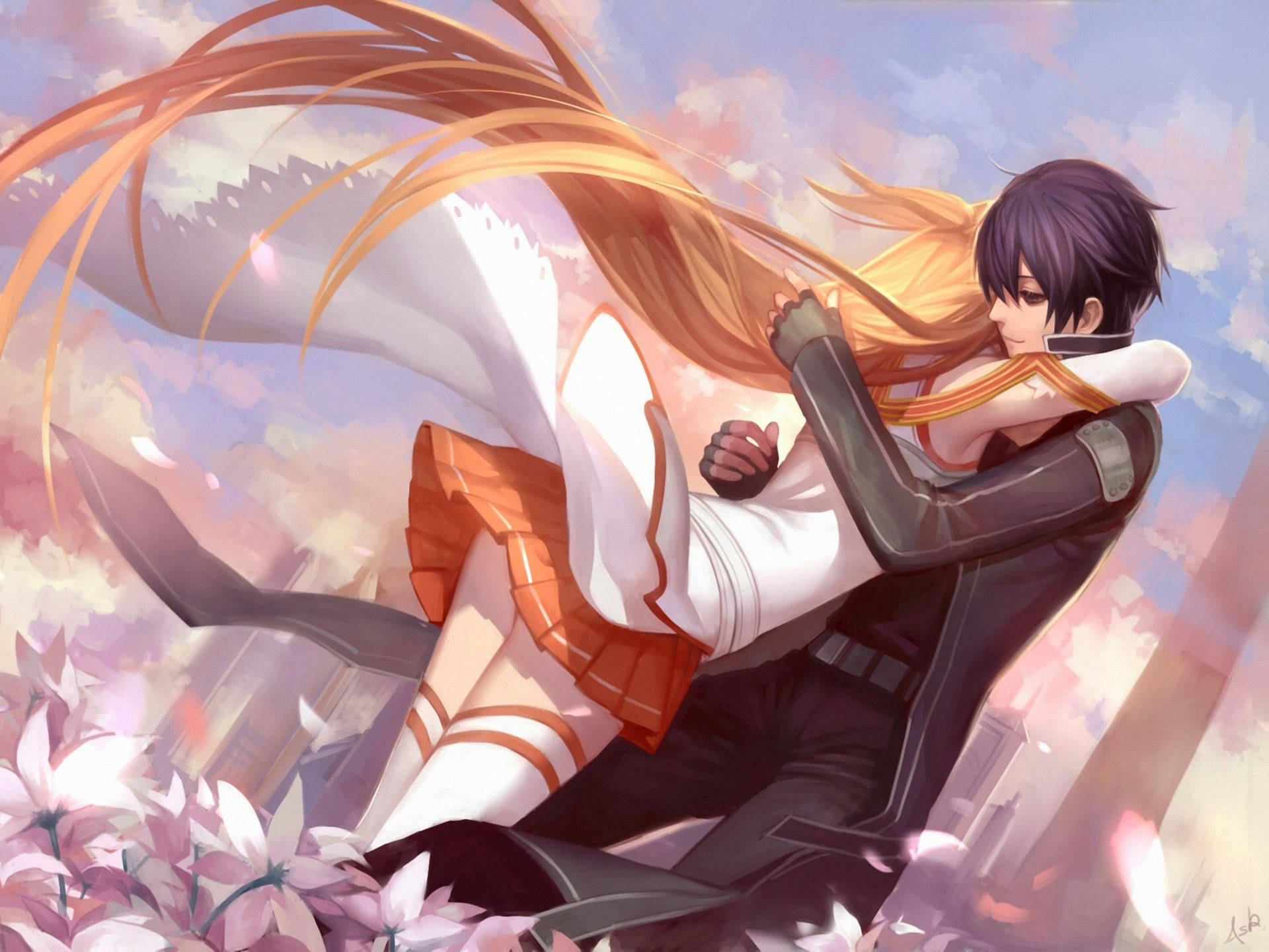Dreng og blondhåret pige anime kram Wallpapers