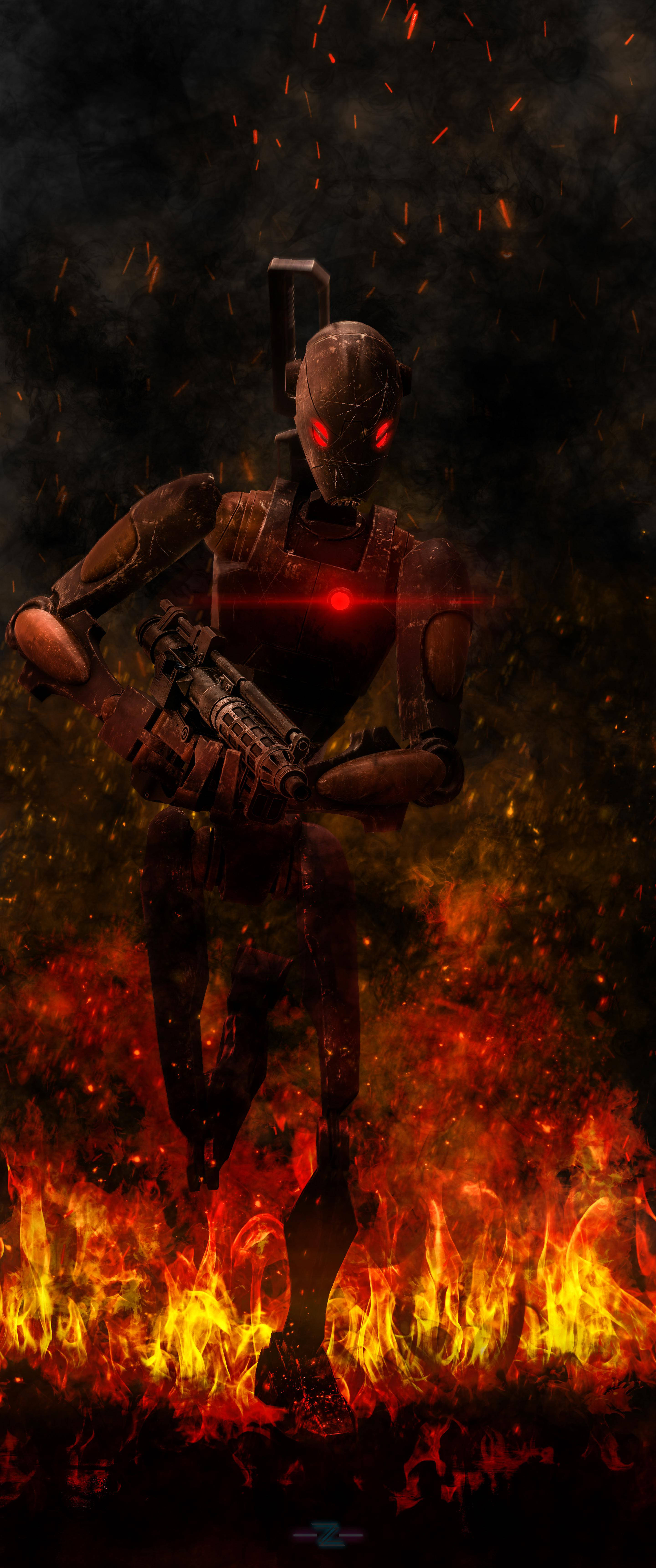 Droid løber gennem flammer Wallpapers