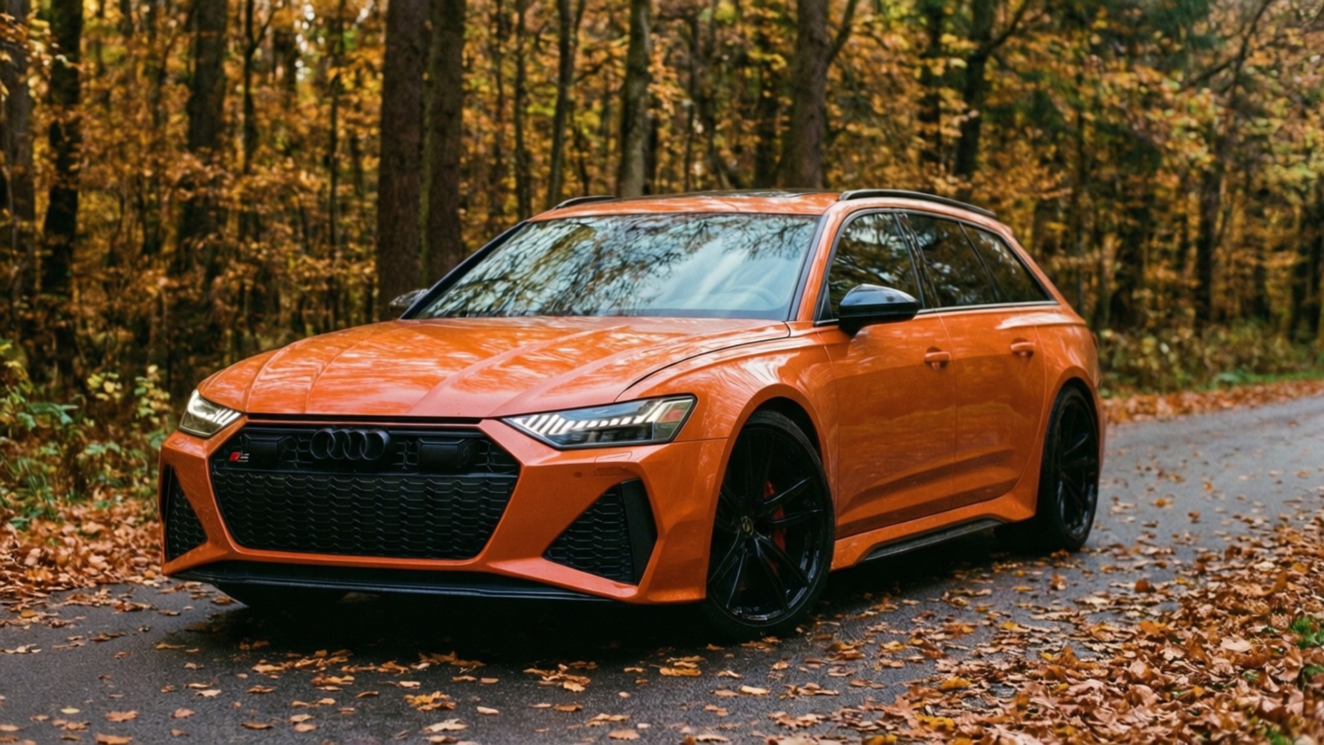 En orange Audi RS6 Avant på en efterårs skovvej med faldende blade.