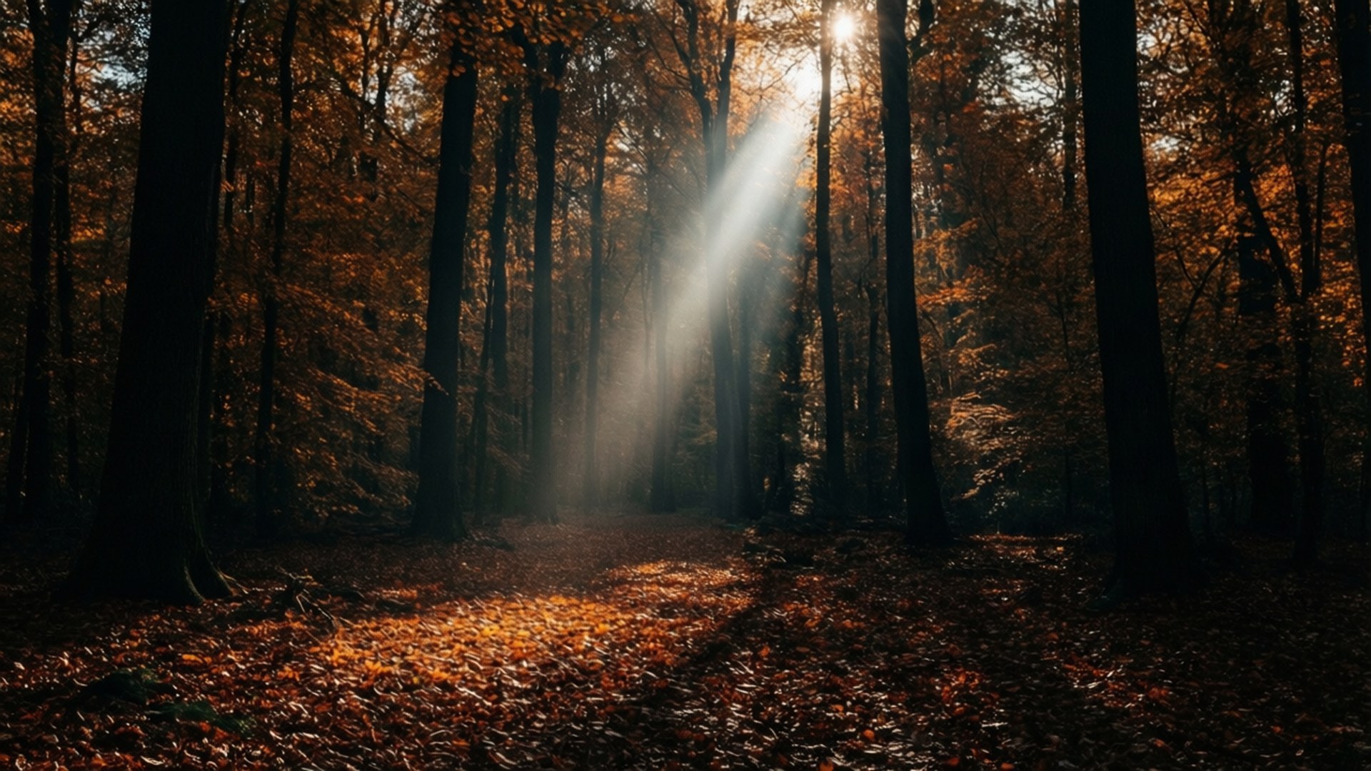 Efterårssolstråle i Mørk Skov Wallpapers