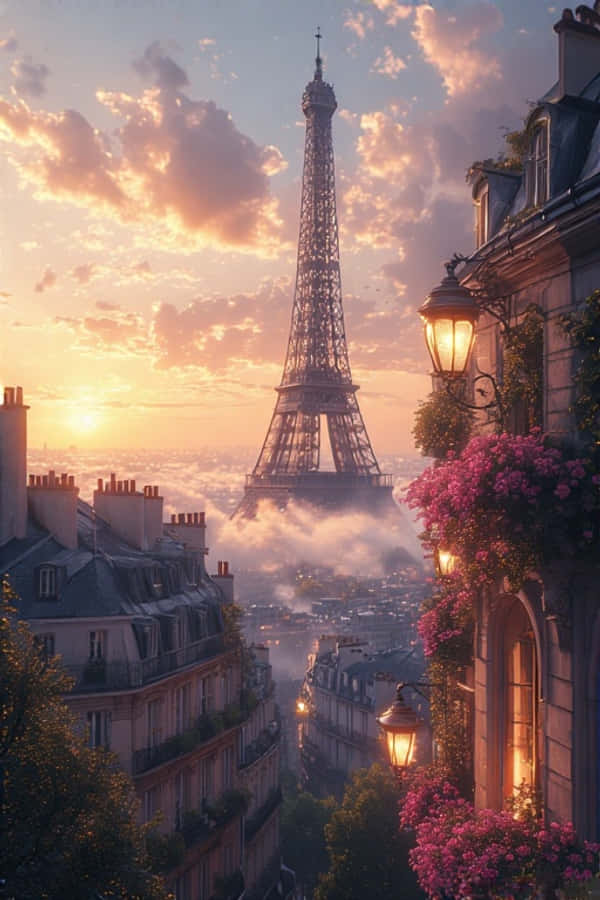 Eiffeltårnet ved solopgang over Paris' tage 4K Wallpapers