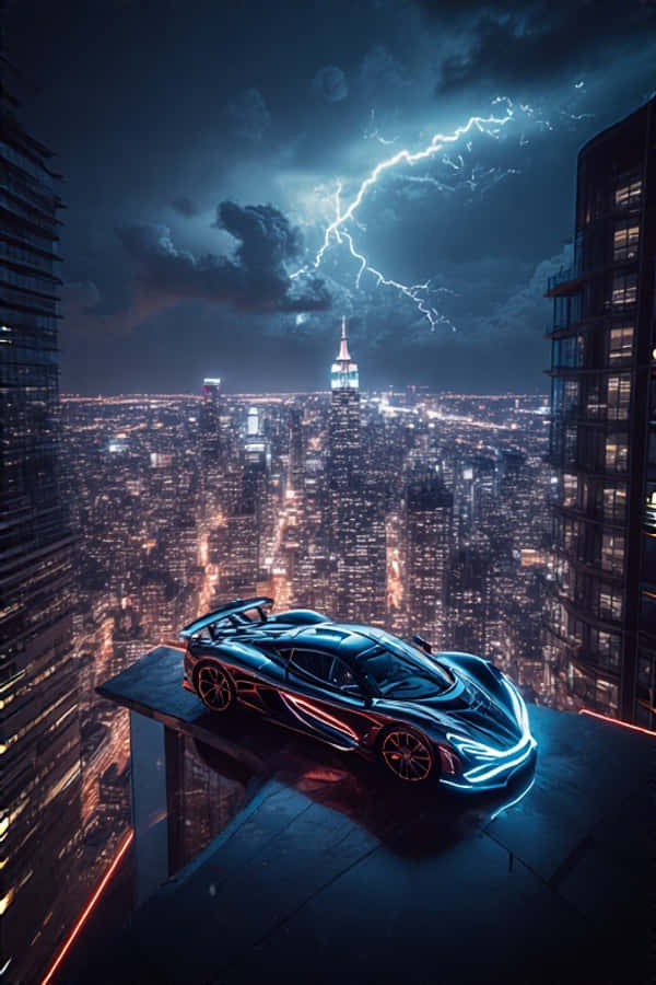 Eksotisk hyperbil på neonlysbyens tagterrasse dramatisk 4K Wallpapers
