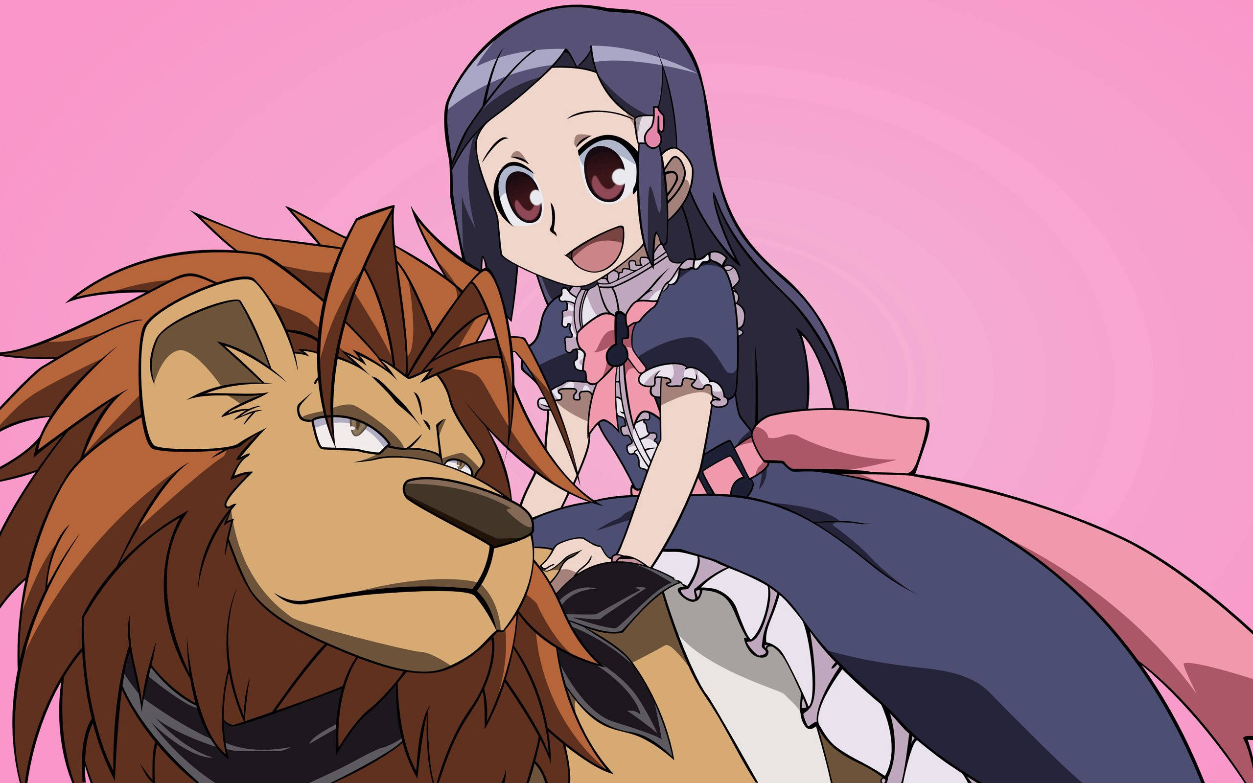 En anime-pige, der rider på en løve ind i solnedgangen Wallpapers