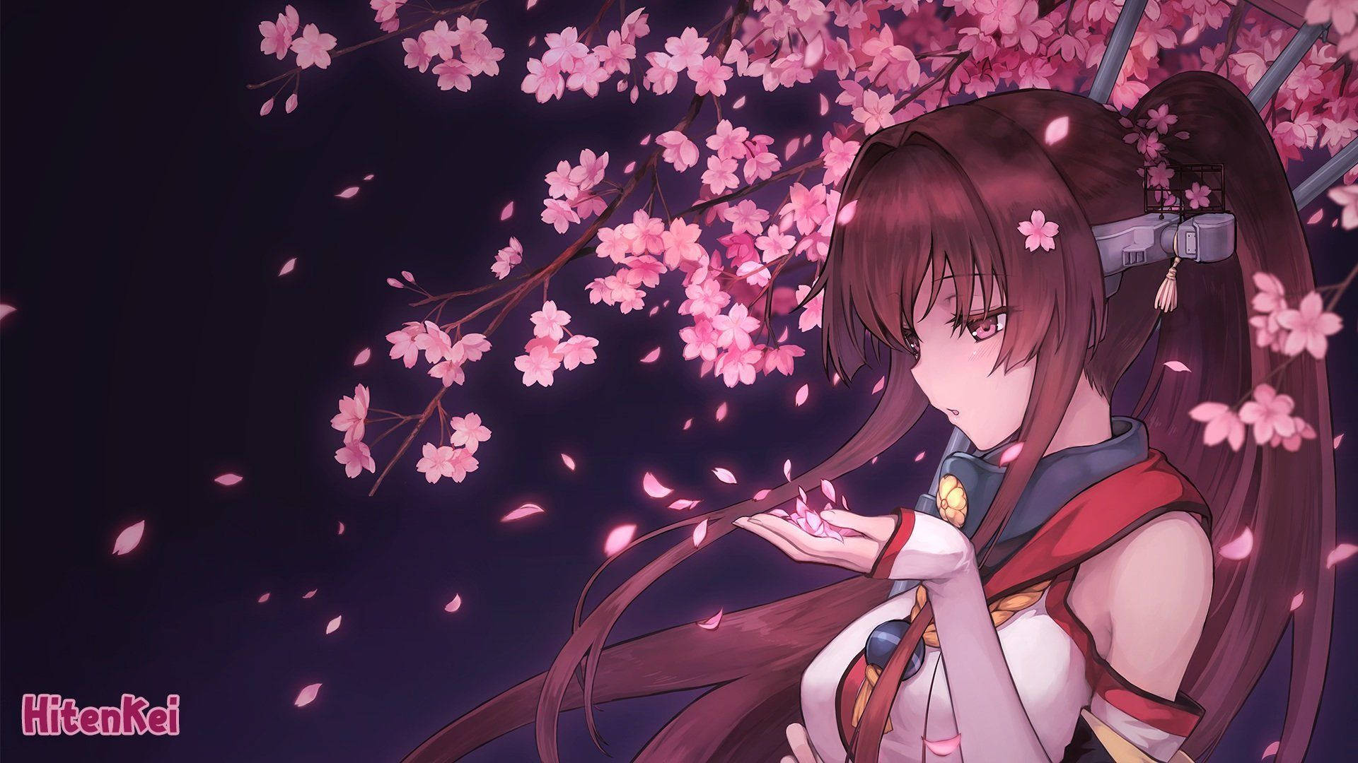 En animepige står under et blomstrende sakura-træ. Wallpapers