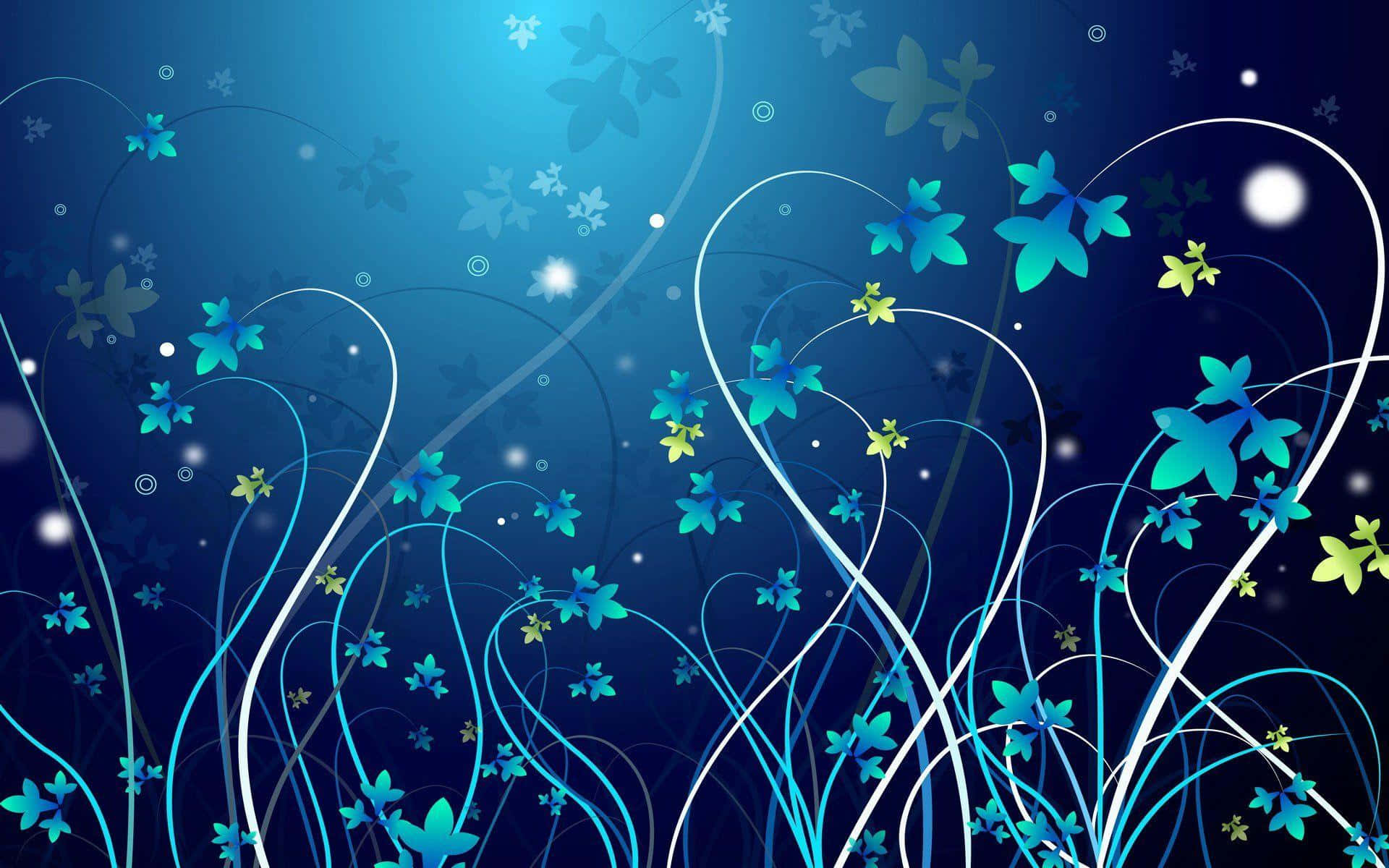 en blå baggrund med blomster og stjerner Wallpapers