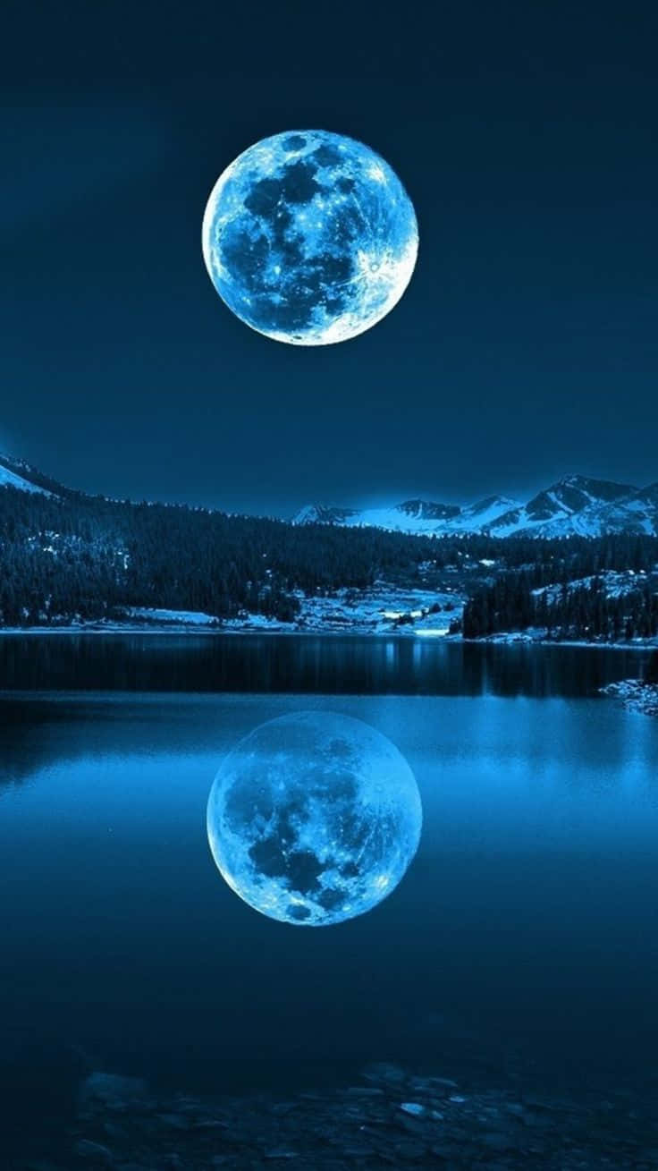 en blå måne spejler sig i en sø Wallpapers