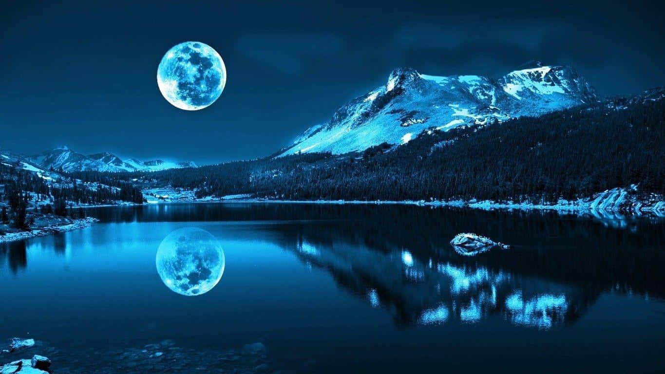 en blå måne spejler sig i en sø Wallpapers