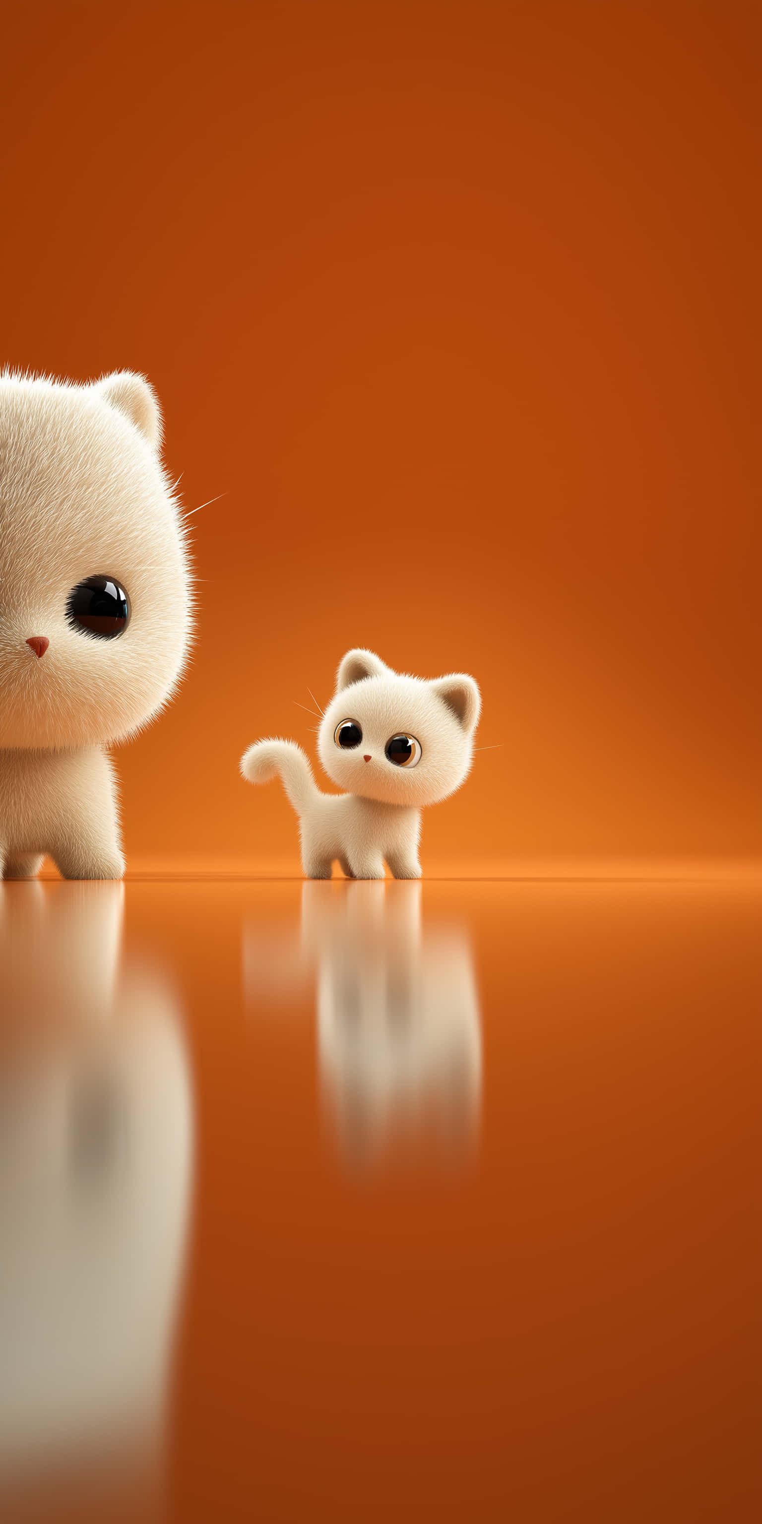 En blød stor og lille killing duo med store udtryksfulde øjne på en levende orange baggrund Wallpapers
