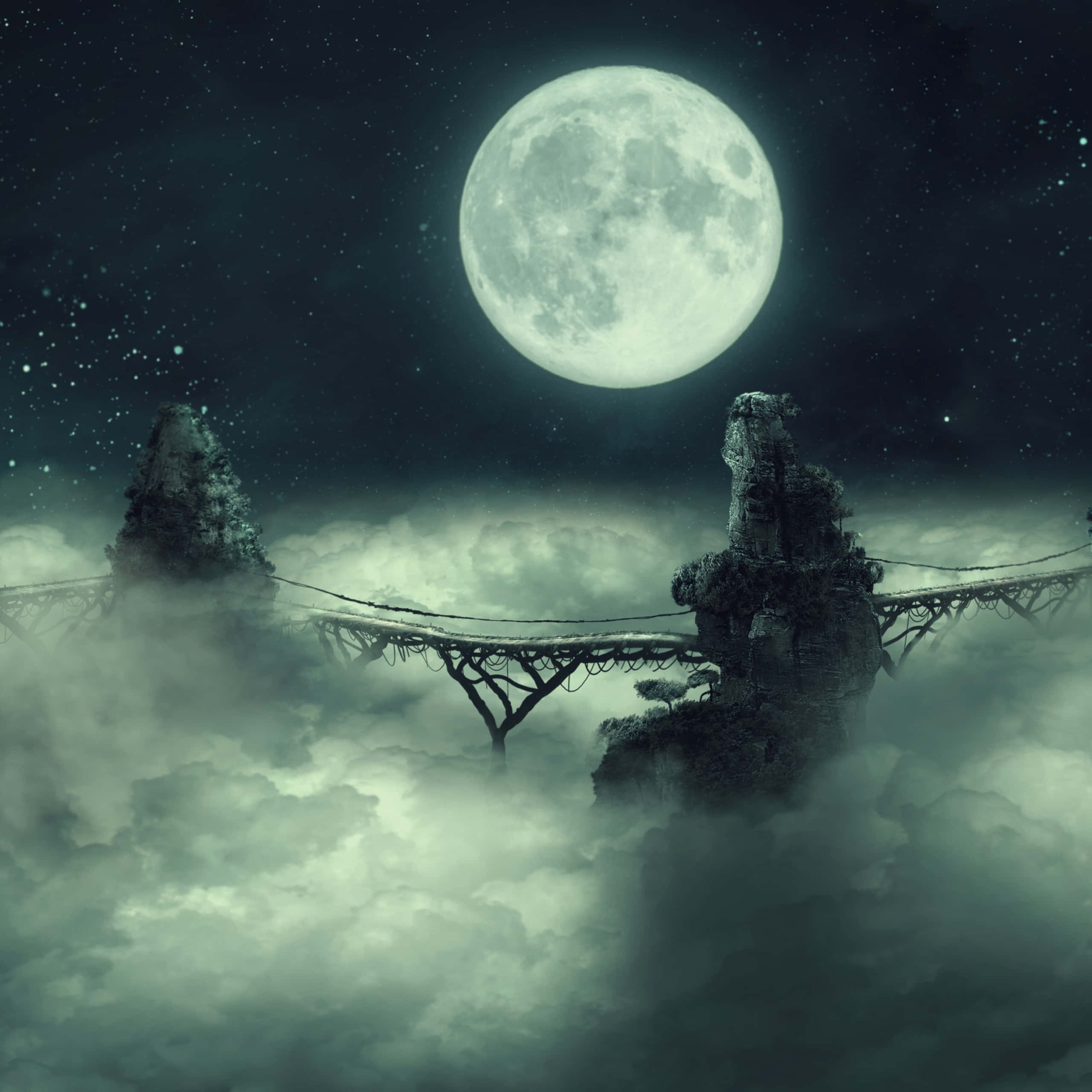 En bro i skyerne med fuldmåne Wallpapers