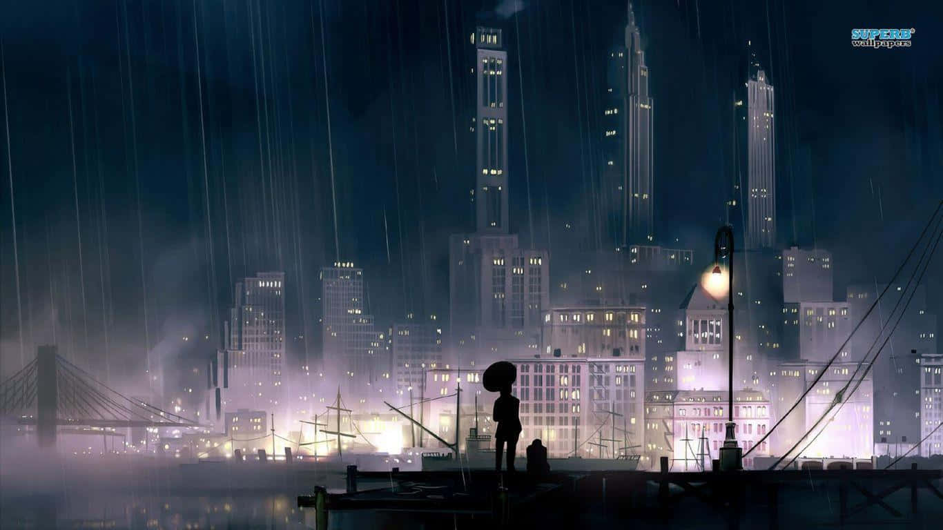 En by i regn med en person stående i vandet Wallpapers
