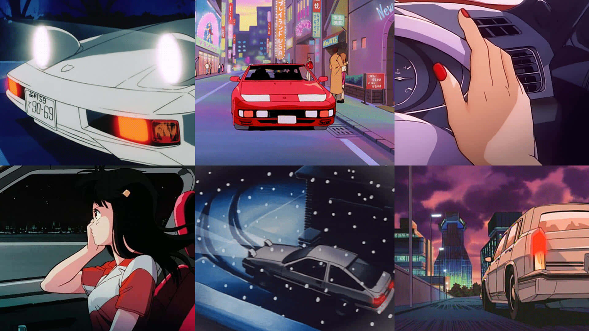 en collage af anime-billeder med en bil og en kvinde Wallpapers