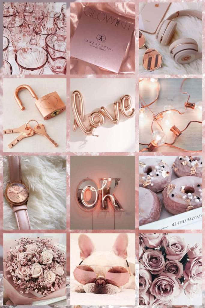 en collage af billeder med rosaguld og pink Wallpapers