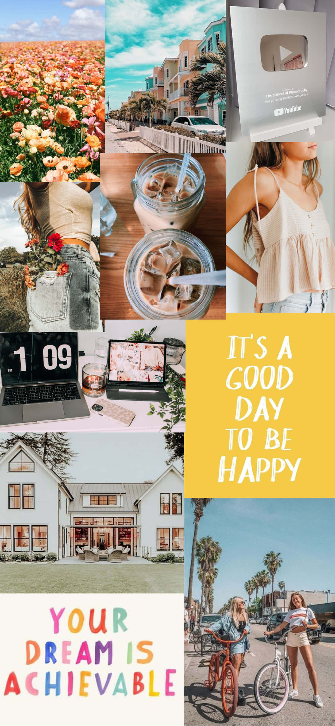 En collage af billeder med teksten 'det er en god dag at være glad' Wallpapers