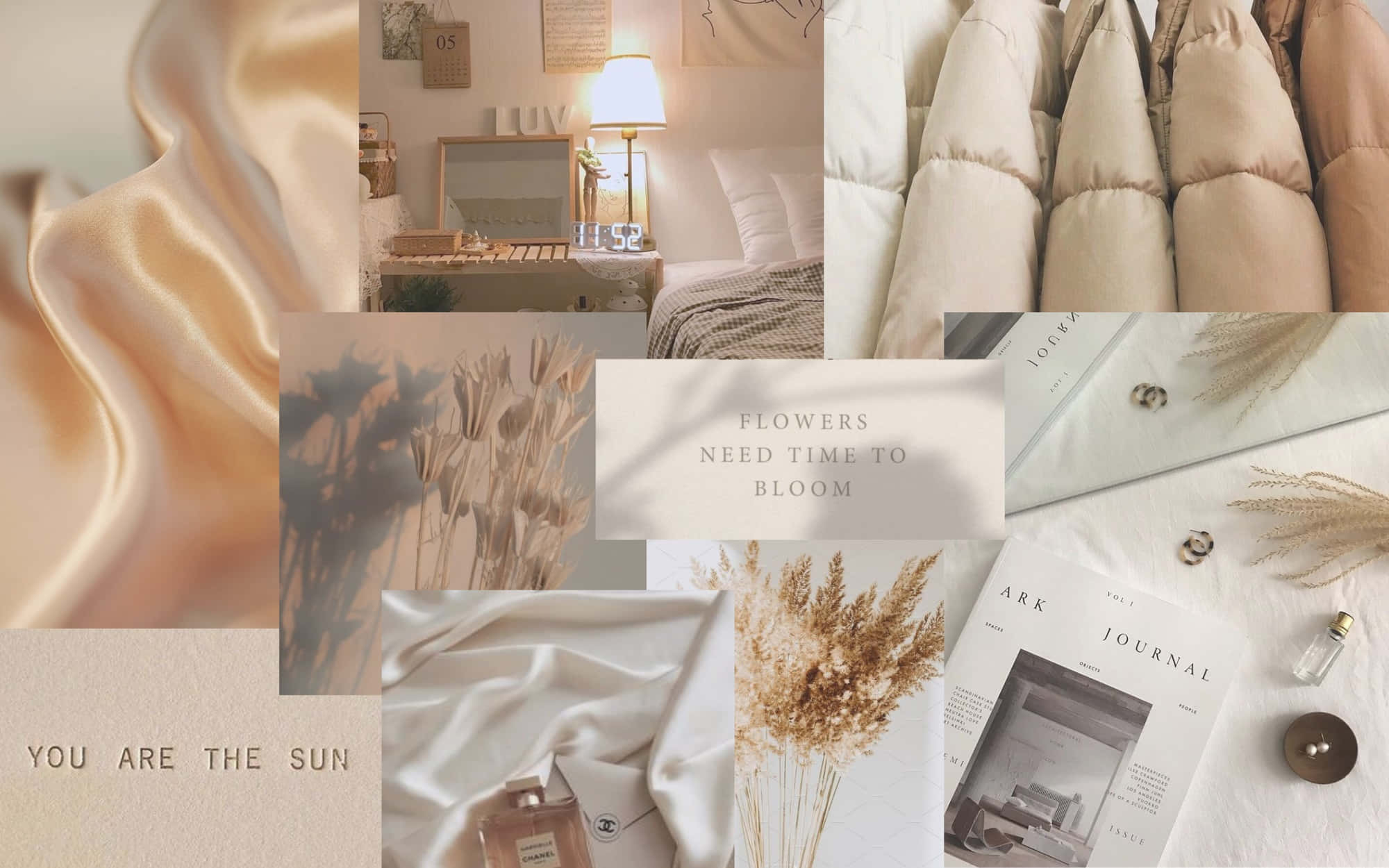en collage af forskellige genstande inklusive en seng, puder og en lampe Wallpapers
