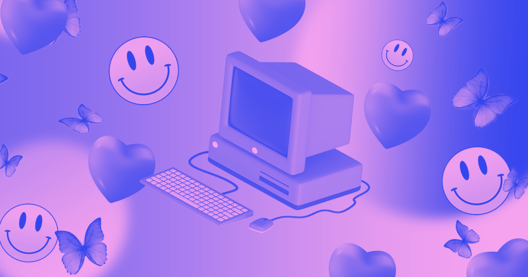 en computer med smileyansigter og sommerfugle Wallpapers