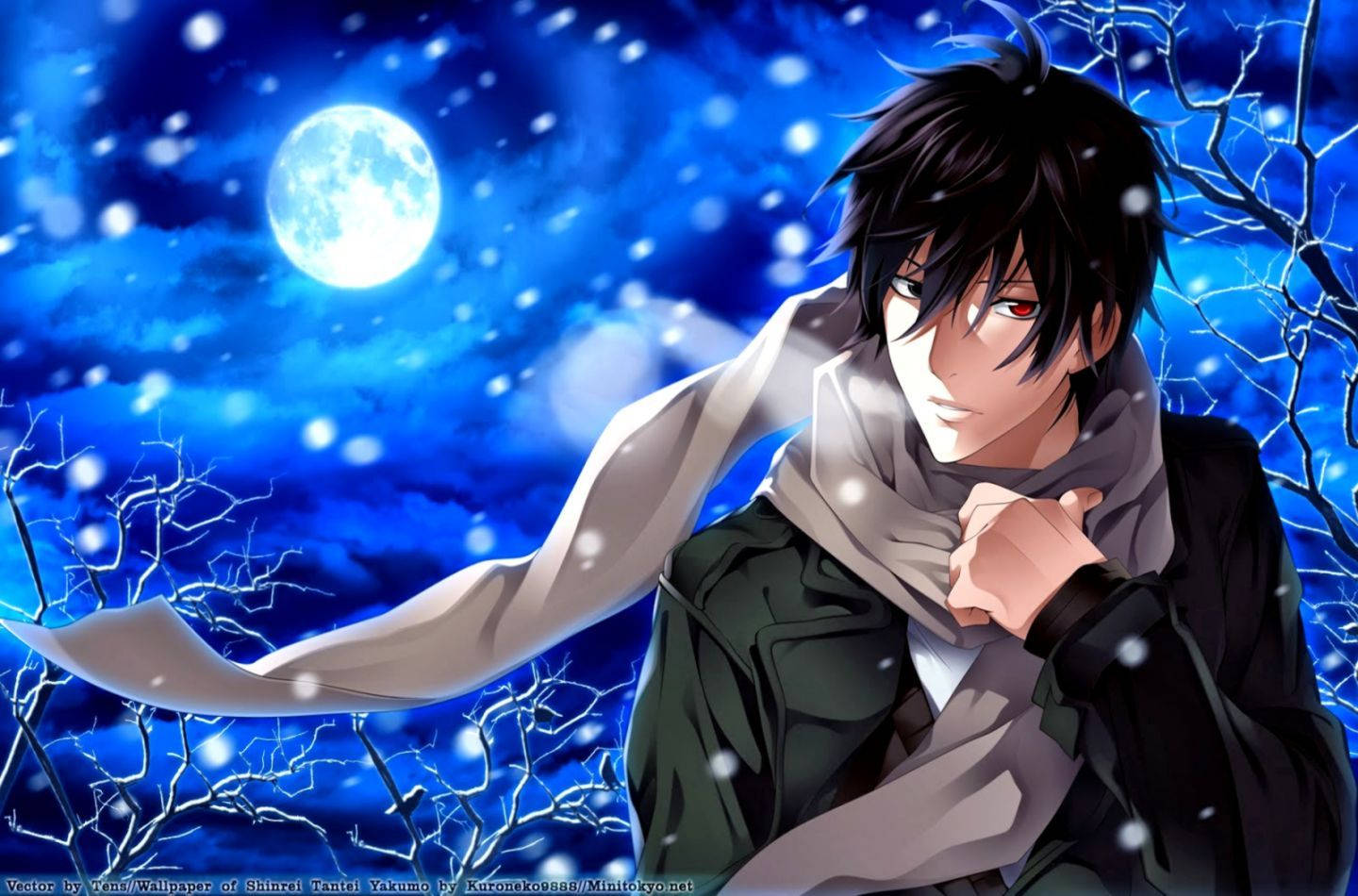 En ensom vinternat i sneen med en melankolsk anime dreng Wallpapers