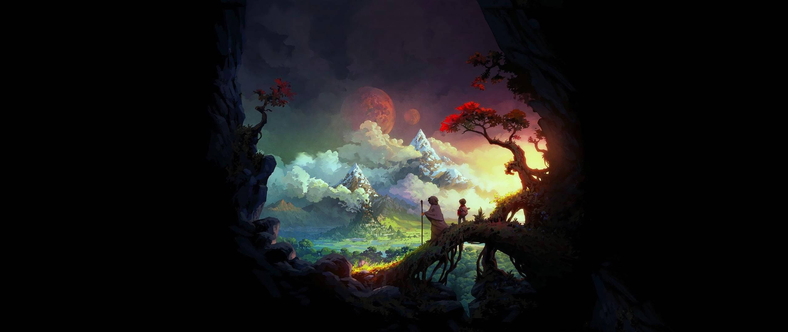 En eremit og et lille barn kigger ud over et vidtstrakt landskab Wallpapers