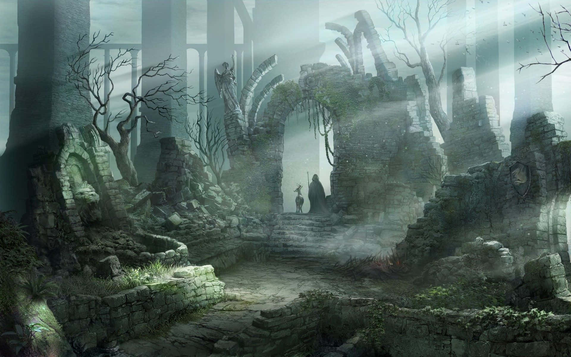 en fantasiscene med en forfalden borg og træer Wallpapers