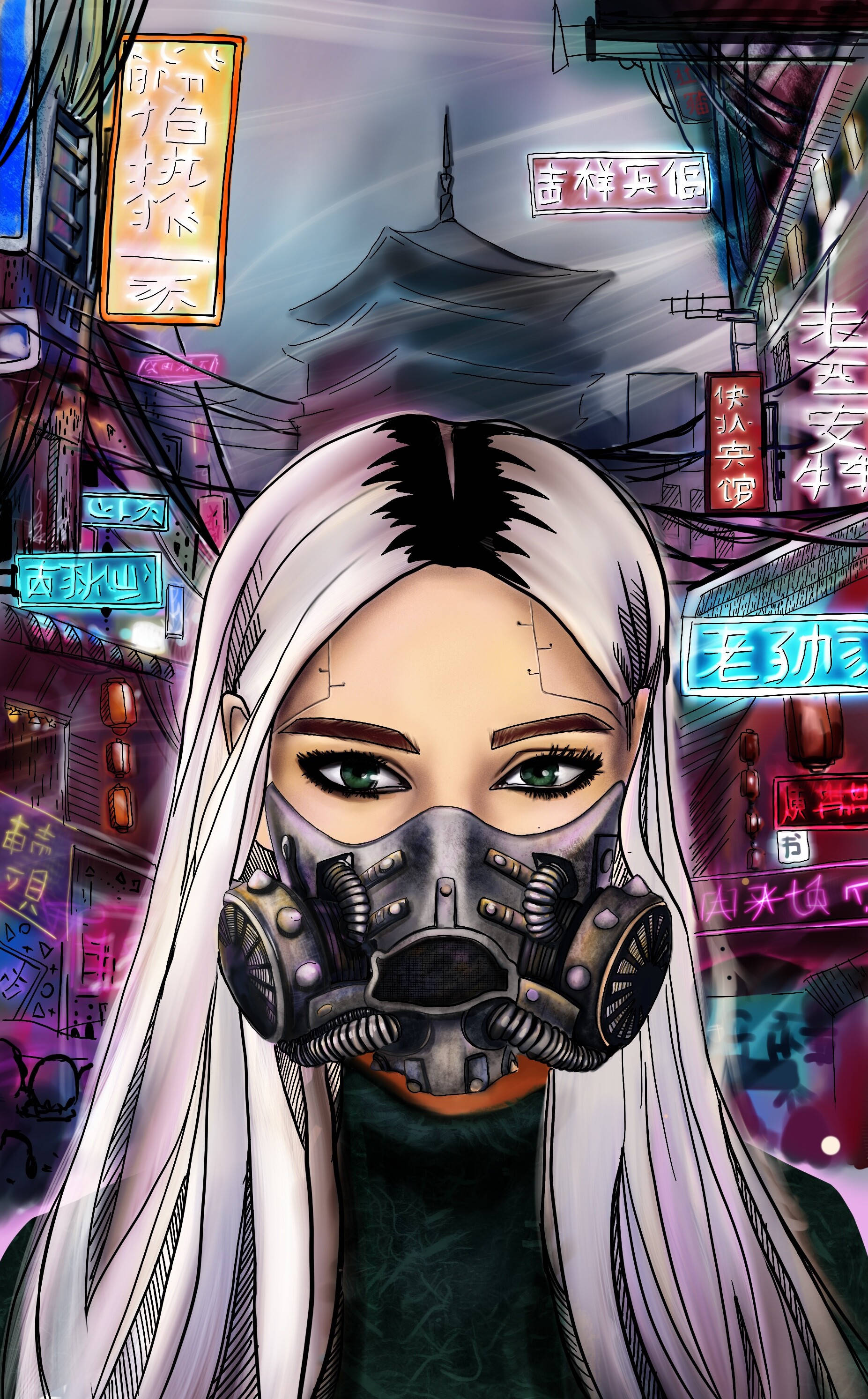 En fantastisk futuristisk cyberpunk iført en robotmaske Wallpapers