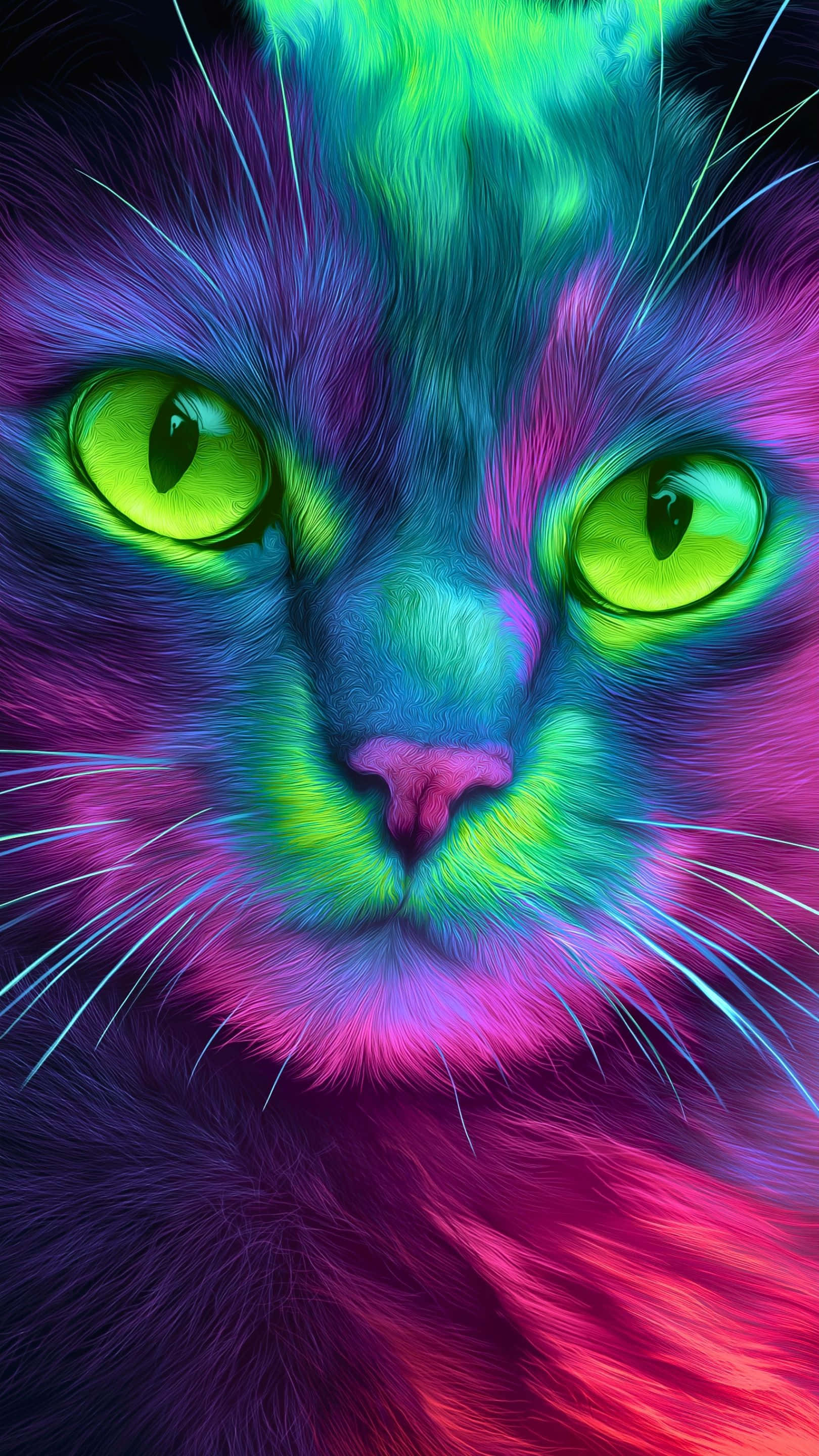 En fascinerende nærbillede af en levende neonlysende kat med glødende grønne øjne og psykedeliske pelsmønstre Wallpapers