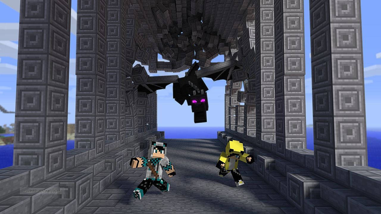 En flok fjendtlige væsner jager spilleren fra en Minecraft-landsby. Wallpapers