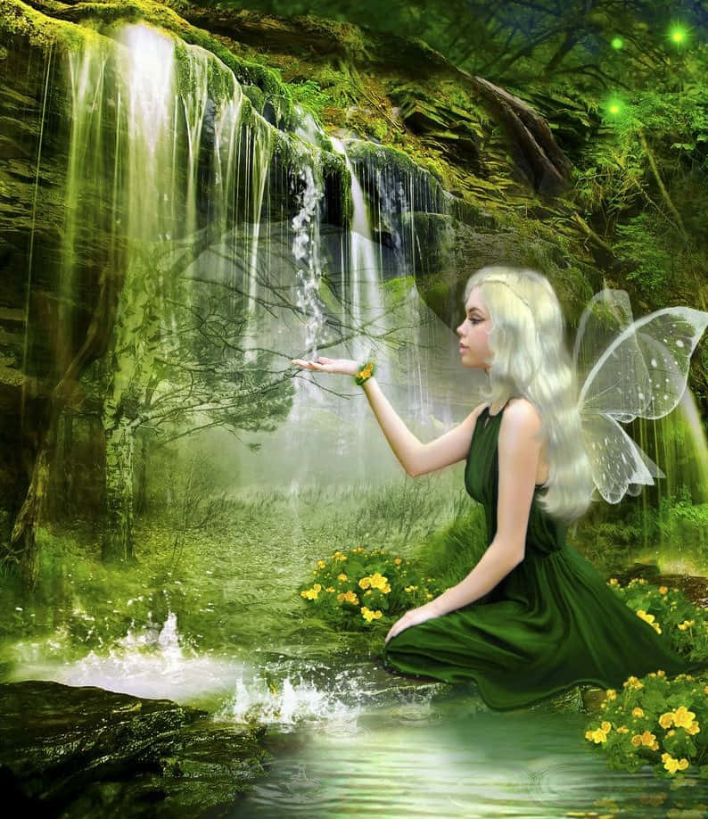 En fortryllende fe, der sidder på en trægren i en frodig have Wallpapers