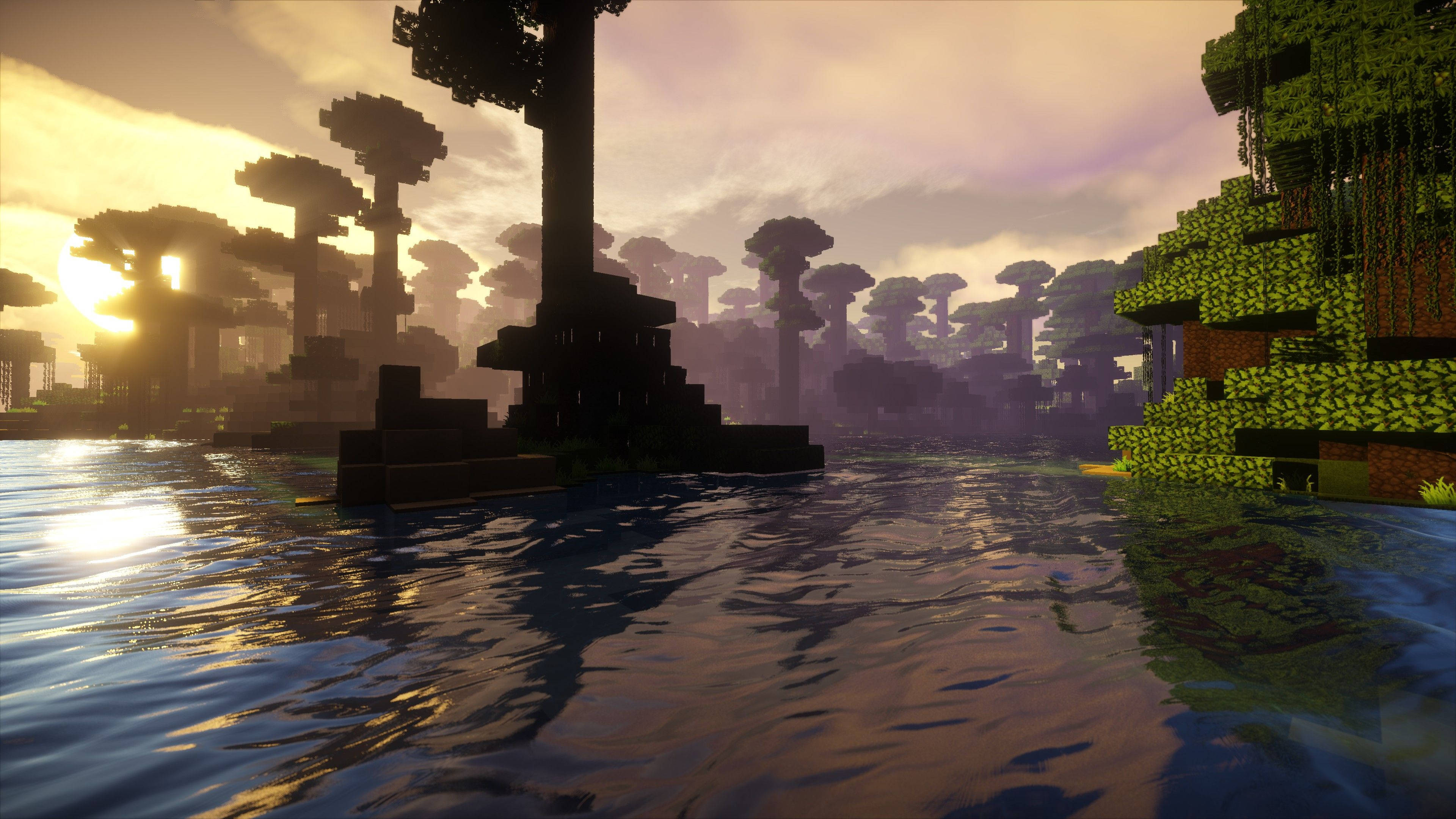 En fredelig aften i en solbeskinnet Minecraft-skov Wallpapers