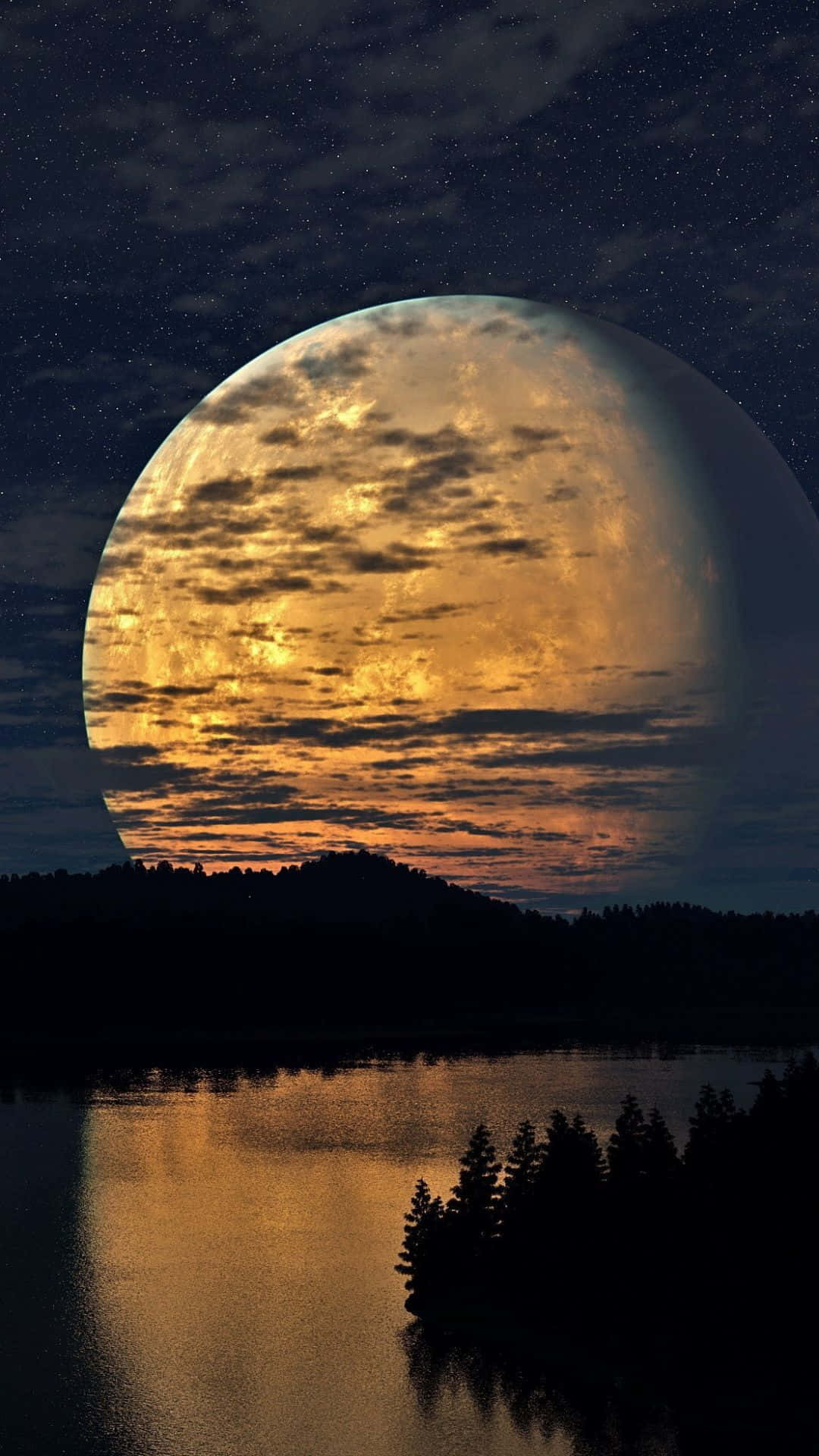 en fuldmåne ses over en sø om natten Wallpapers