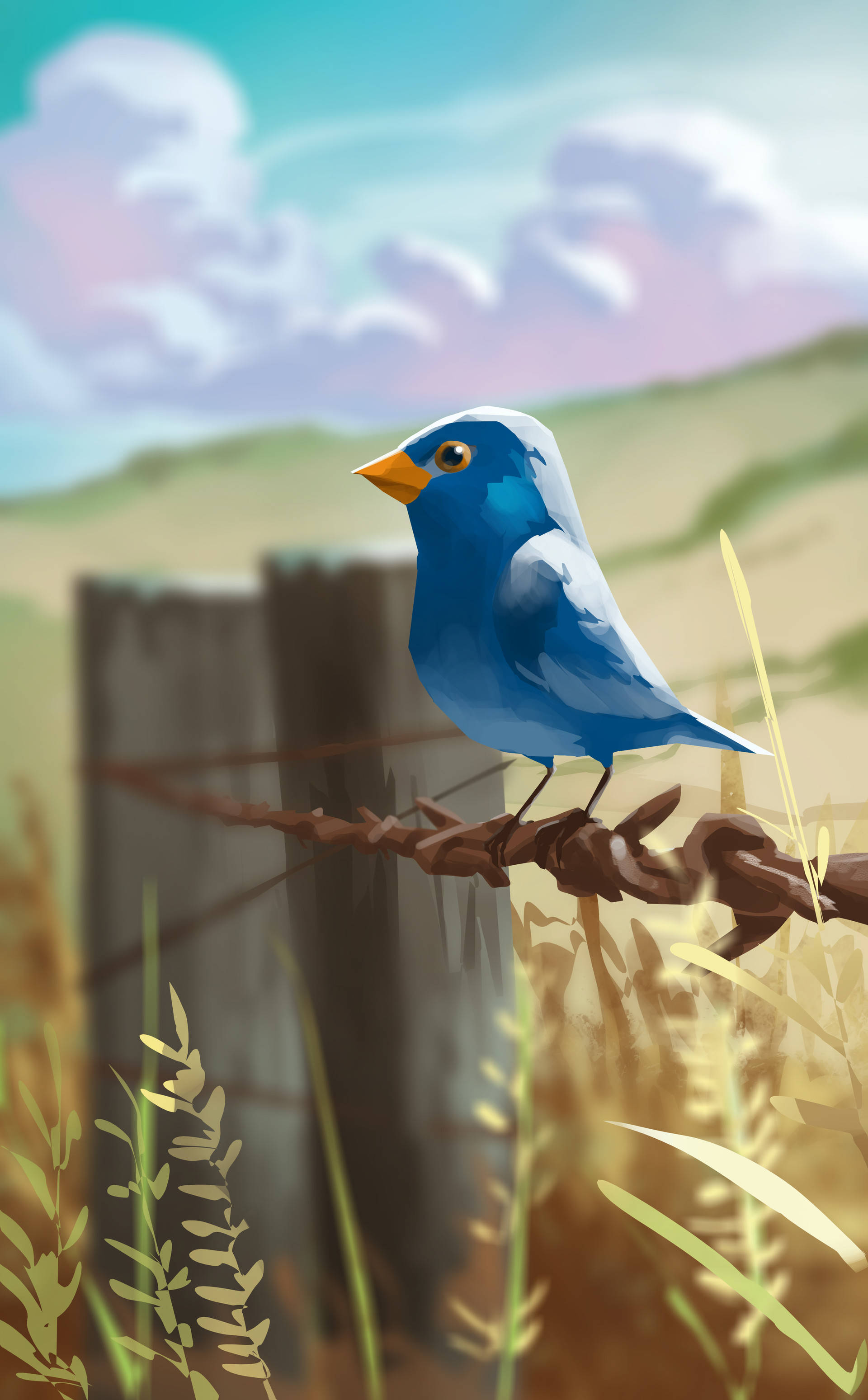 En funklende blå fugl flyver gennem en skyet himmel Wallpapers