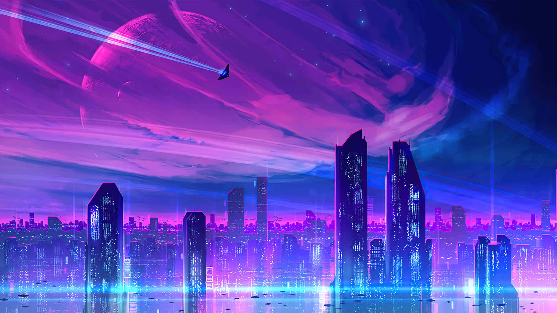 en futuristisk by med lilla lys og bygninger Wallpapers