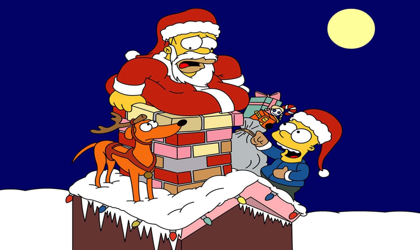 En glad julemand rider på en brølende T-Rex i et sneklædt julemiljø Wallpapers