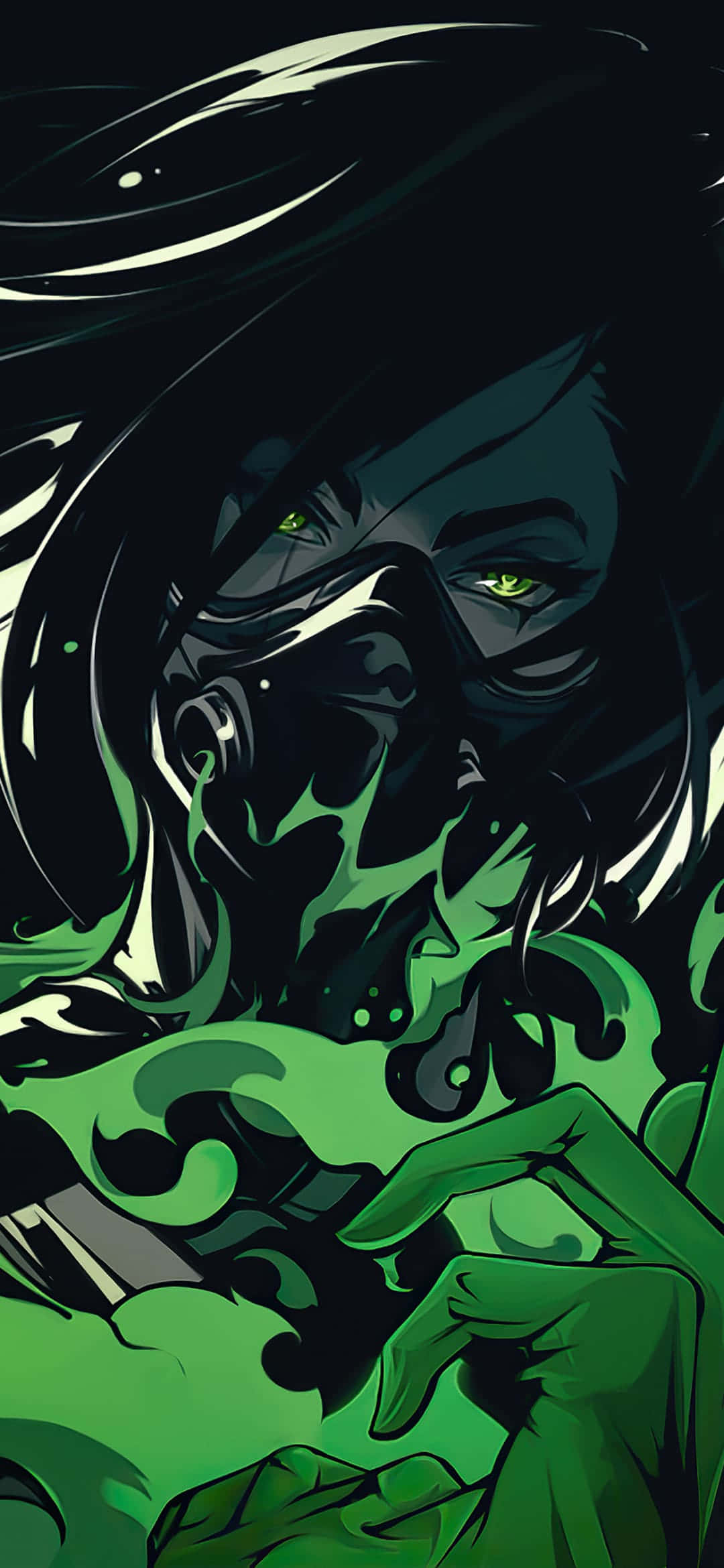 en grøn kvinde med sort hår og en maske Wallpapers
