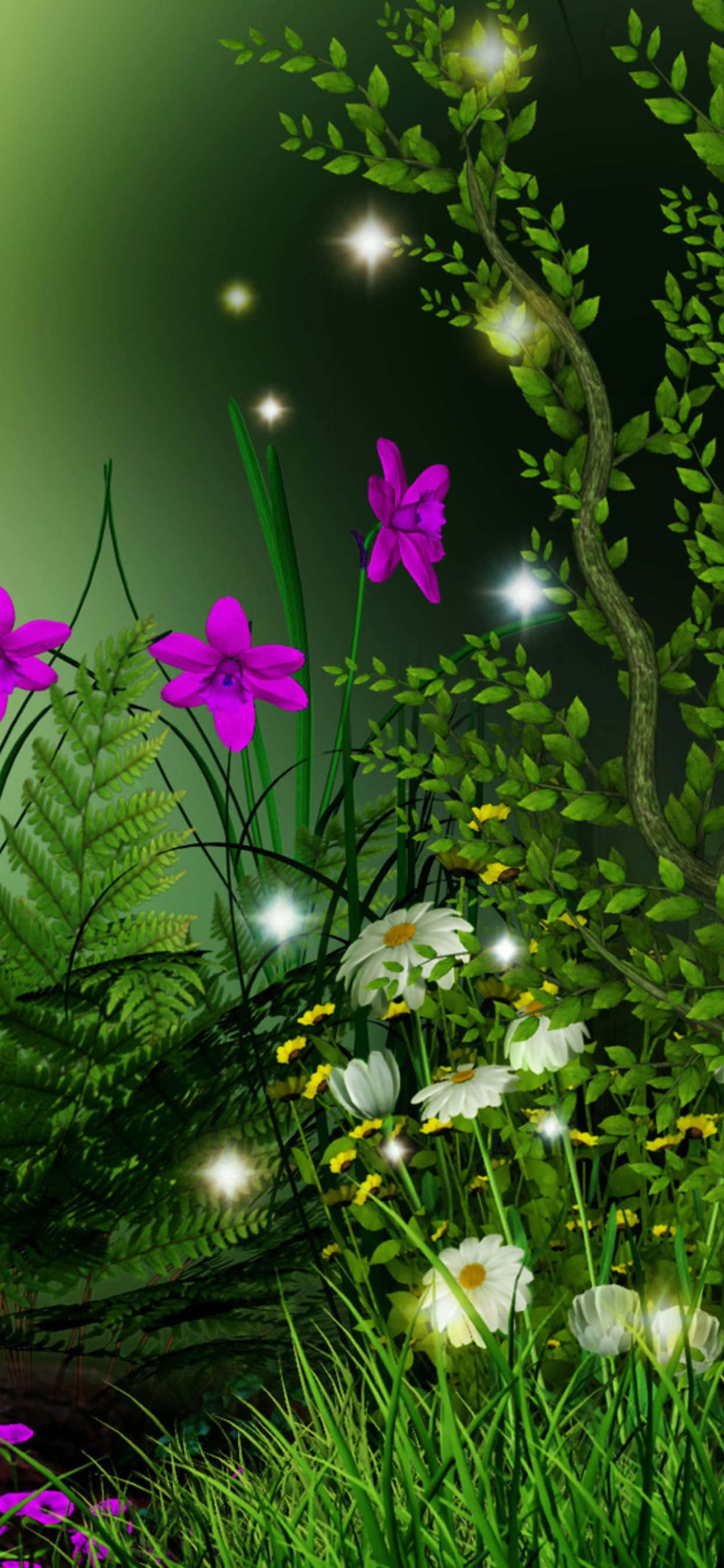 en grøn skov med blomster og sommerfugle Wallpapers