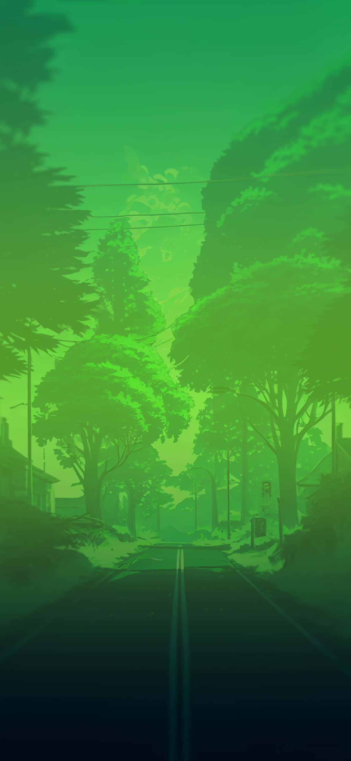 en grøn vej med træer og et gadeskilt Wallpapers