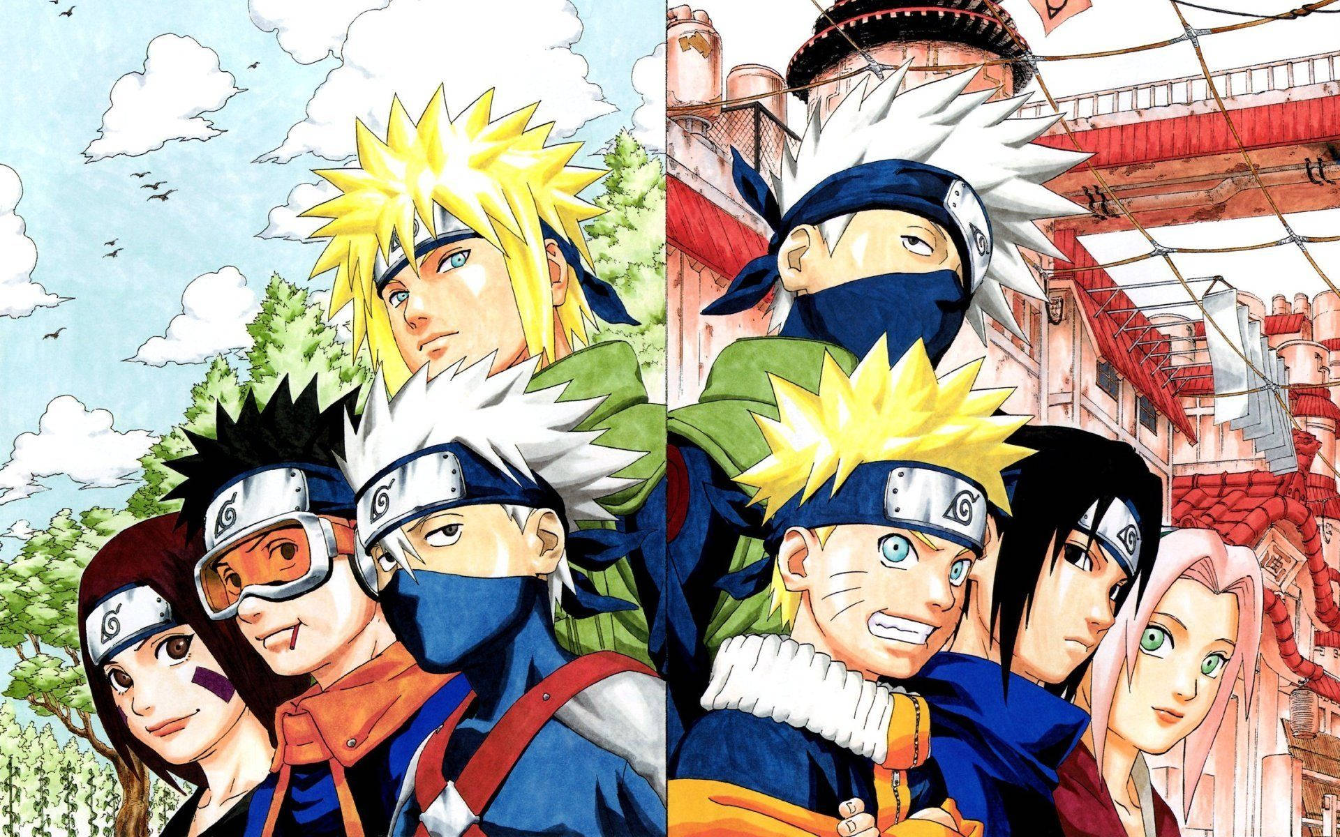 Minato med sit hold og Kakashi med sit hold, Naruto, Sasuke og Sakura. — Naruto Wallpapers