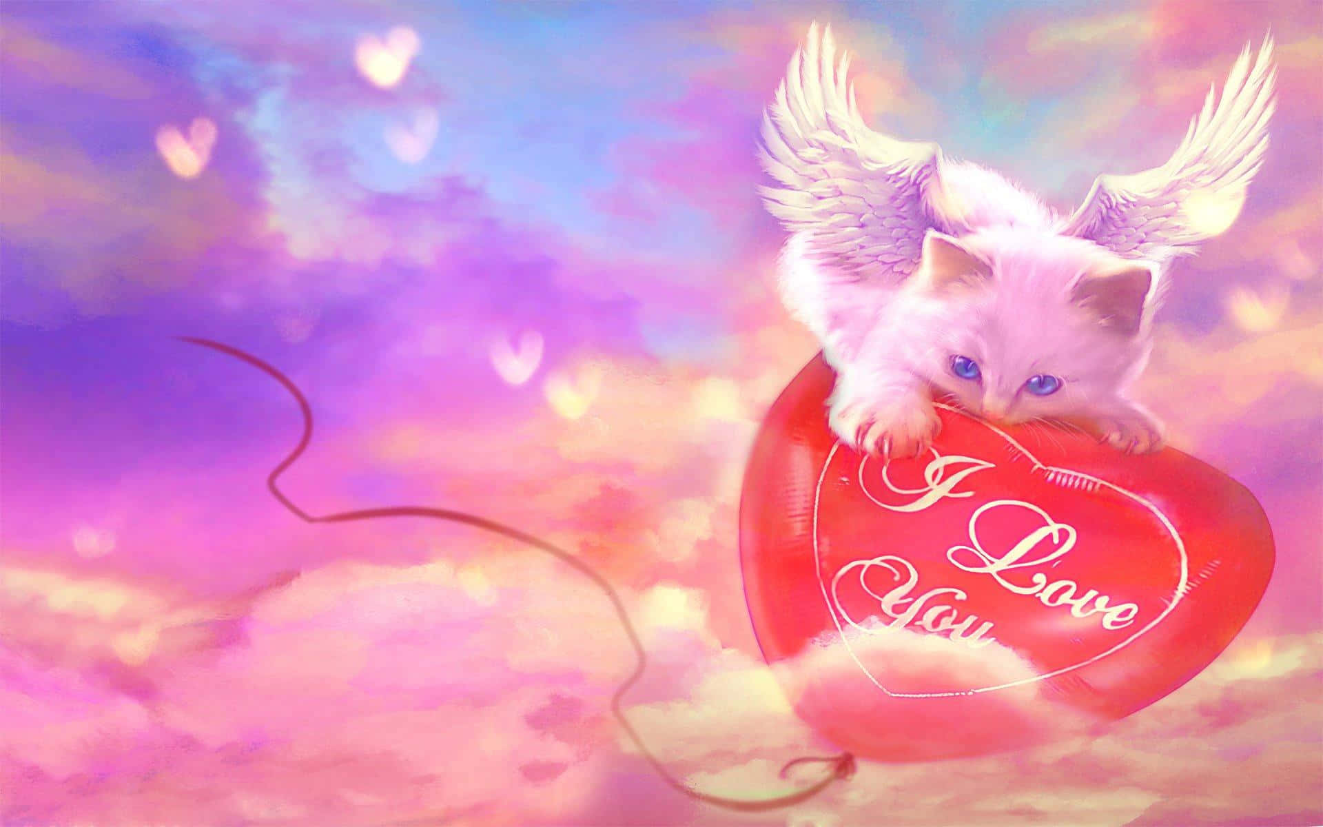En killing med vinger, der flyver over en hjerteformet ballon Wallpapers