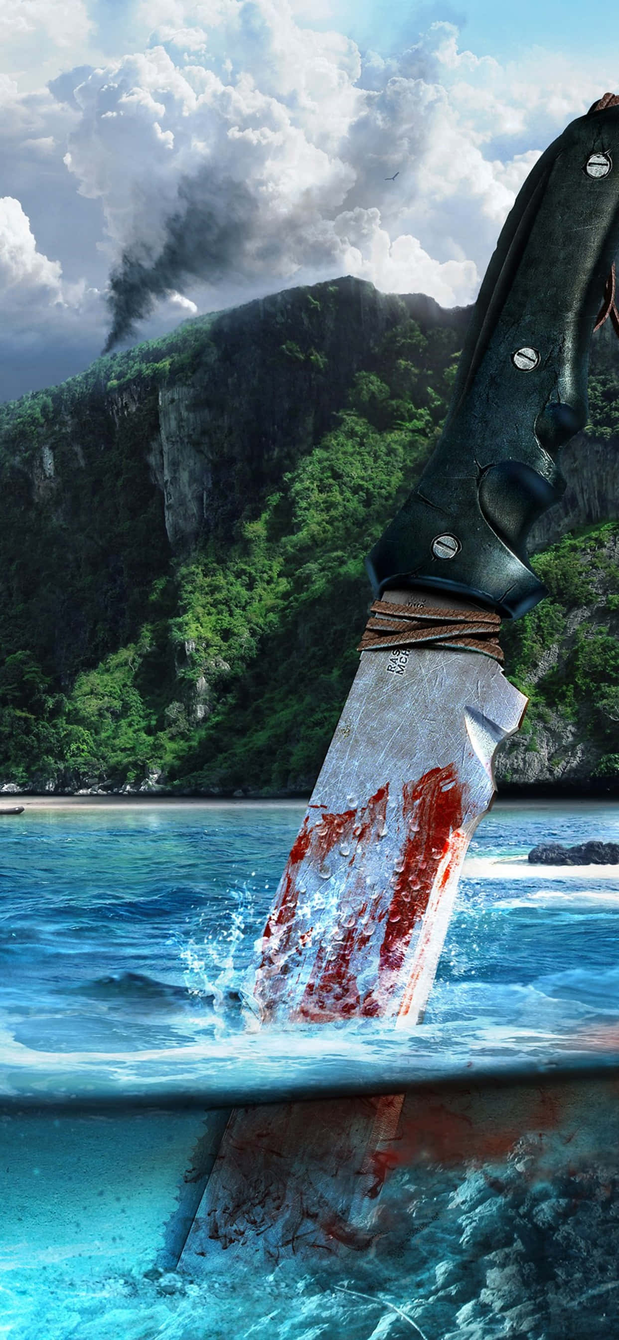 en kniv flyder i vandet med et bjerg i baggrunden Wallpapers