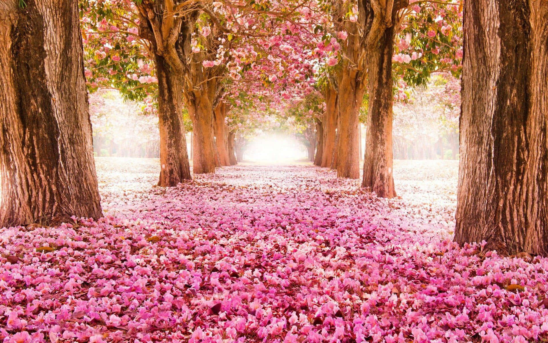 en lyserød sti kantet med træer og blomster Wallpapers