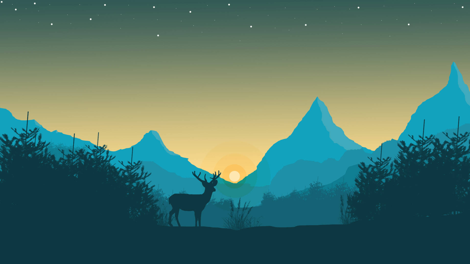 Blåt minimalistisk hjorte- og bjergtapet — Minimalistisk Wallpapers