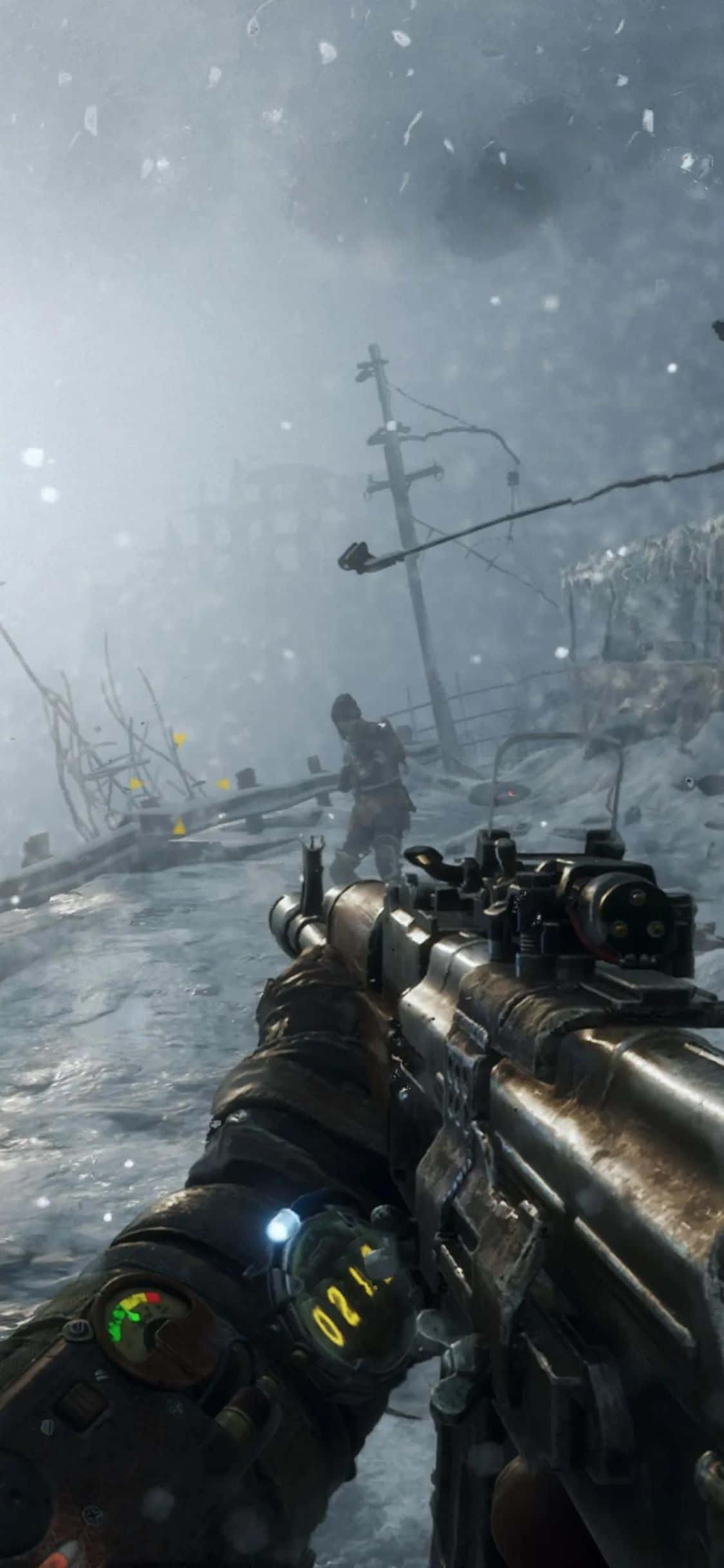 En mand i gasmaske vandrer gennem det postapokalyptiske landskab i Metro Exodus Wallpapers