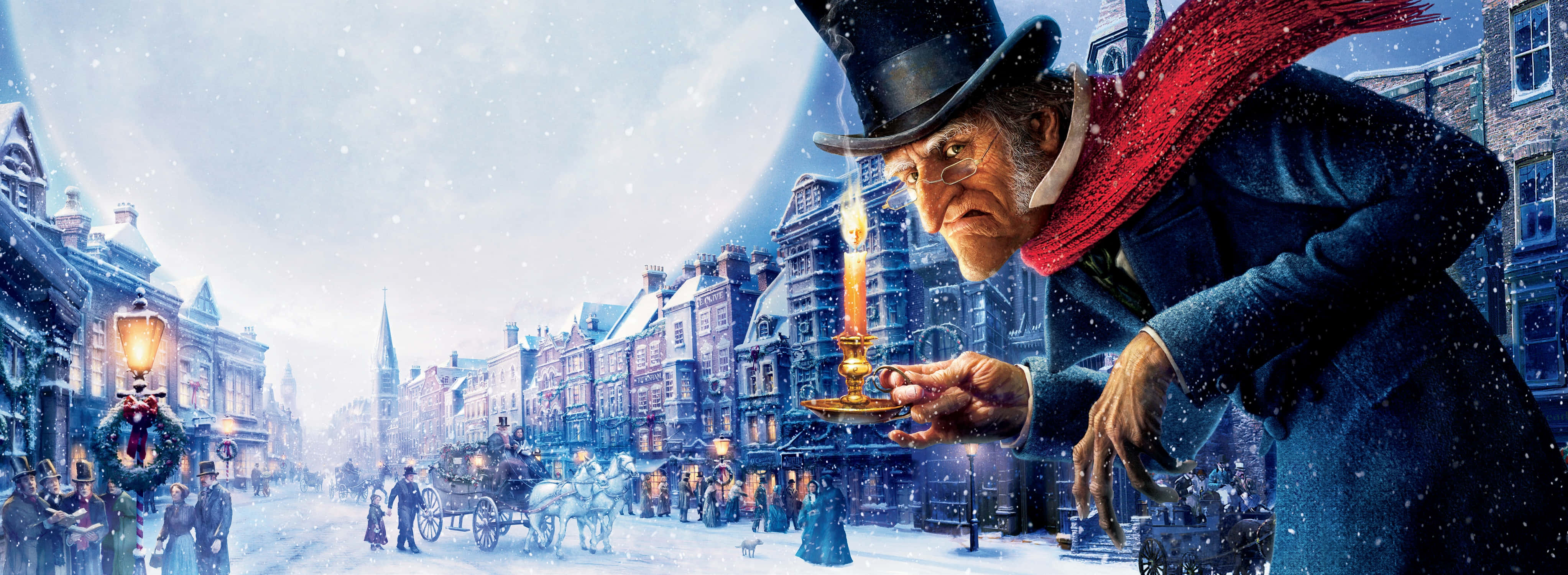 En mand i høj hat står på en snedækket gade Wallpapers