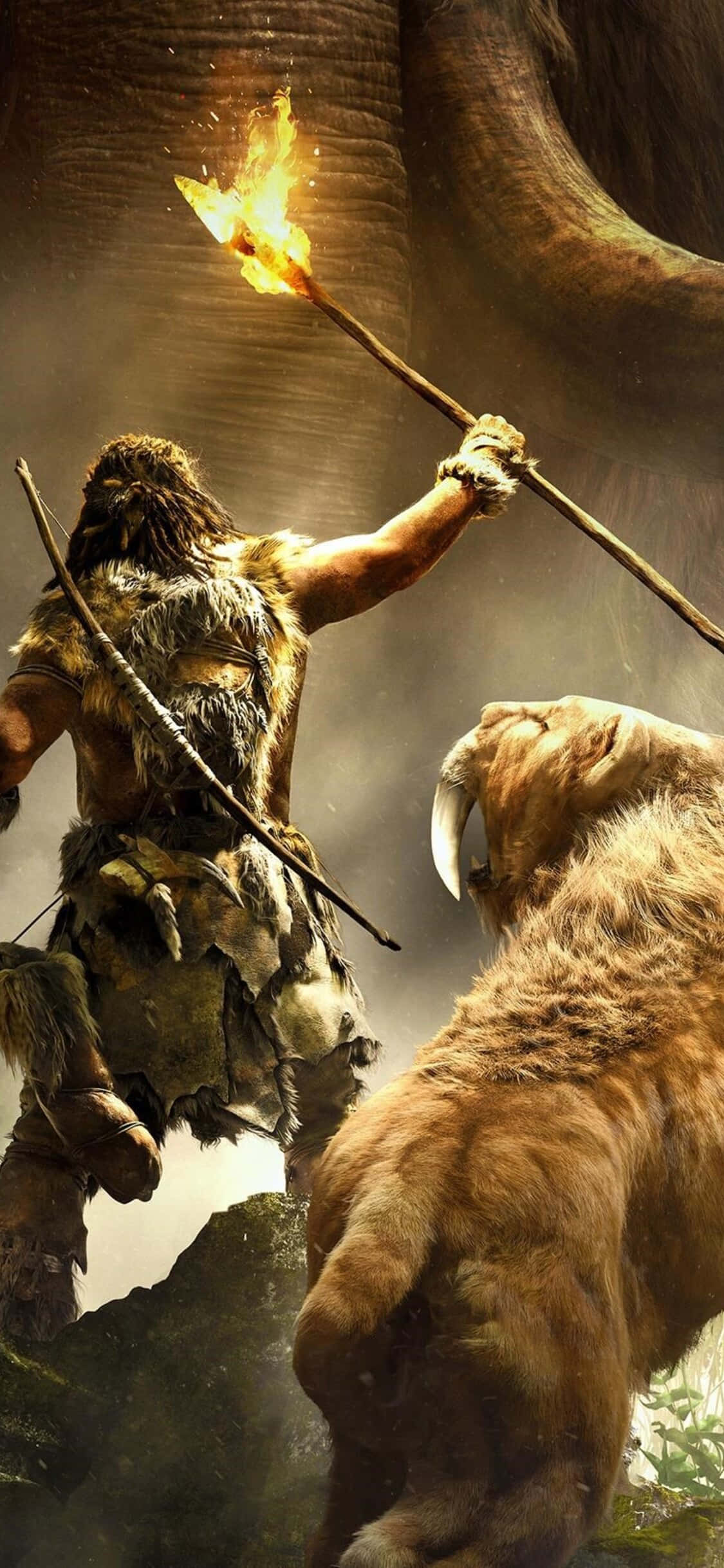 en mand kæmper mod en mammut og en bjørn Wallpapers