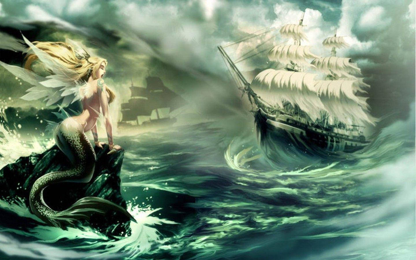 En modig havfrue redder et stormhærget skib. Wallpapers