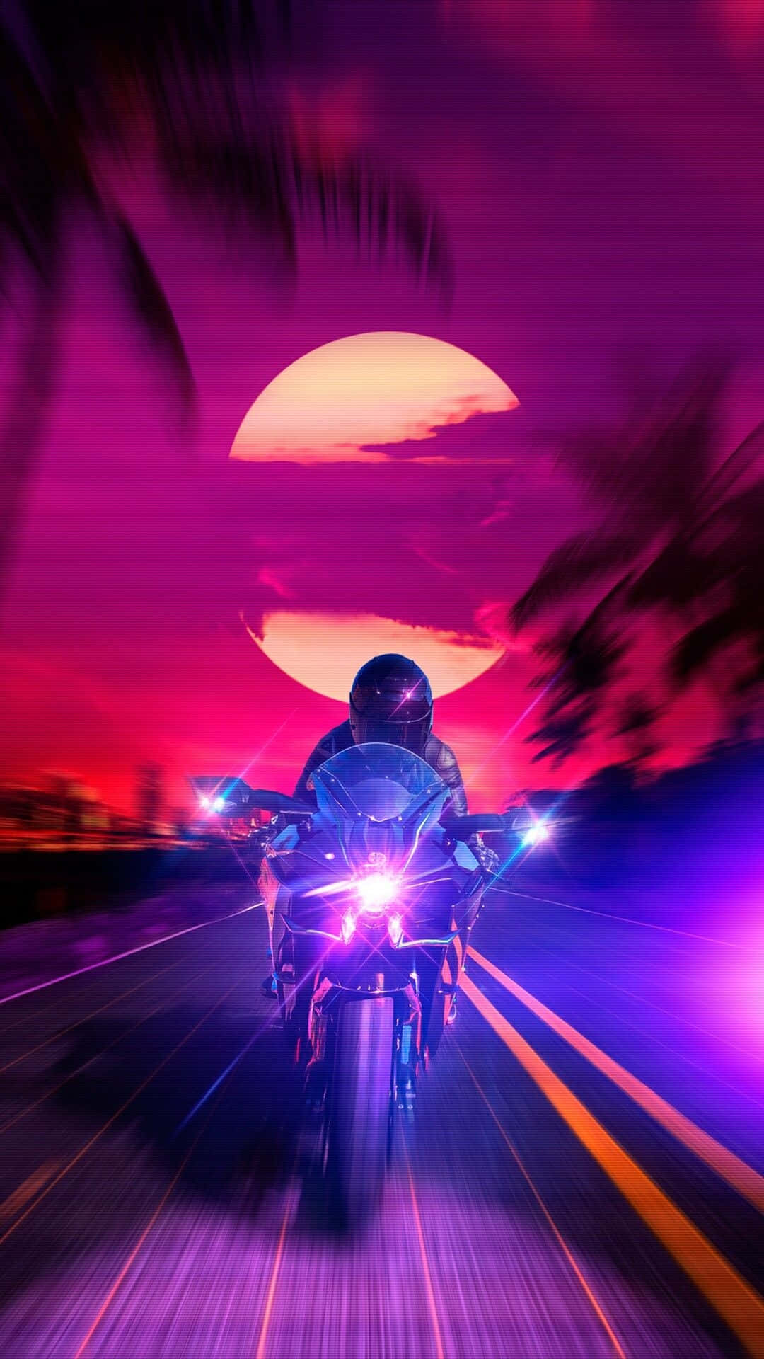 En motorcykel kører ned ad vejen ved solnedgang Wallpapers