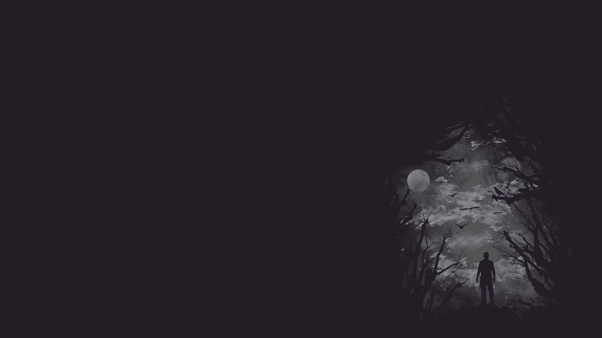 en mørk skov med en person, der går igennem den Wallpapers